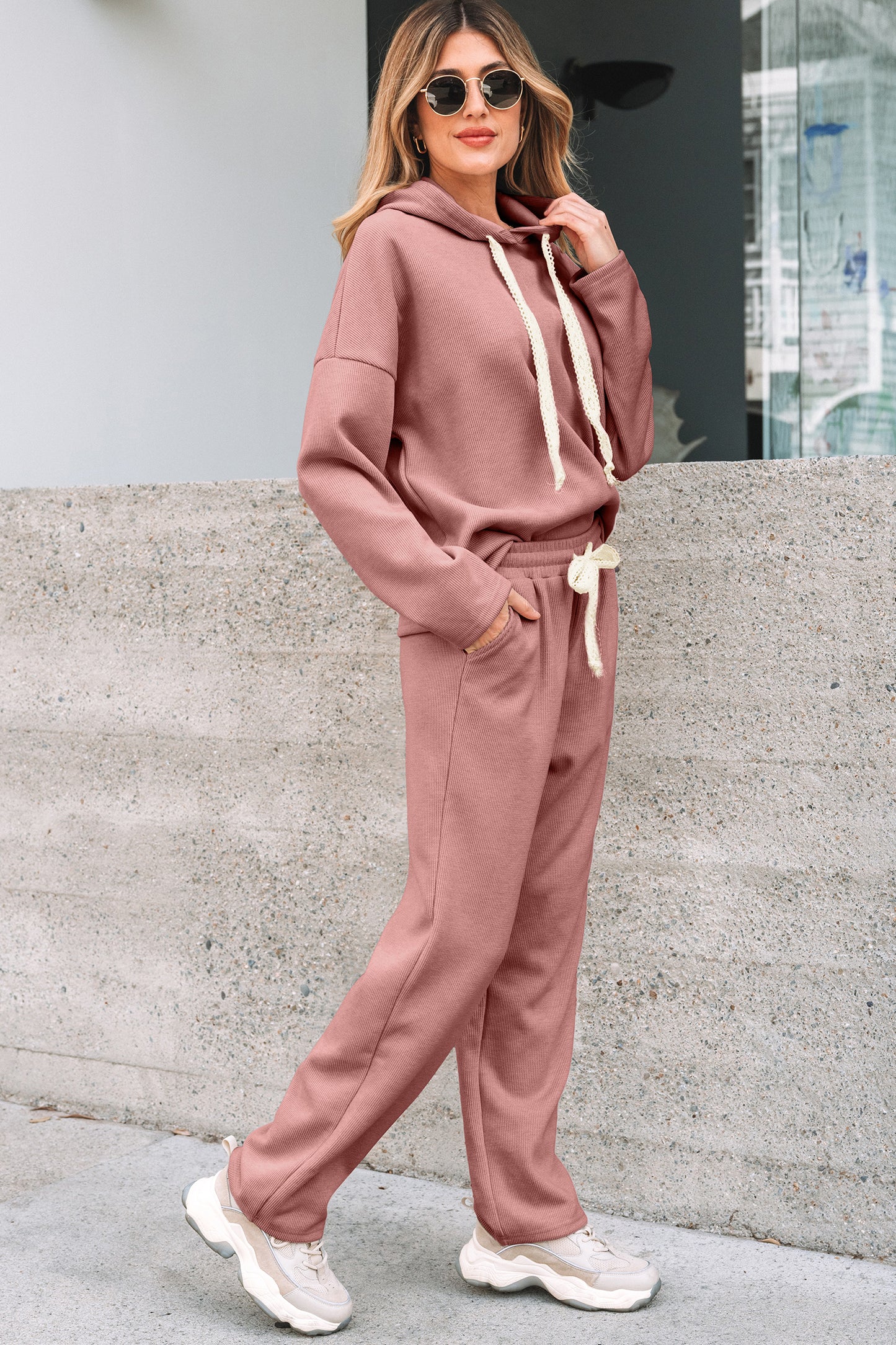 Dark Khaki Leopard Drawstring Pullover Hoodie and High Waist Pants Corduroy Suit
