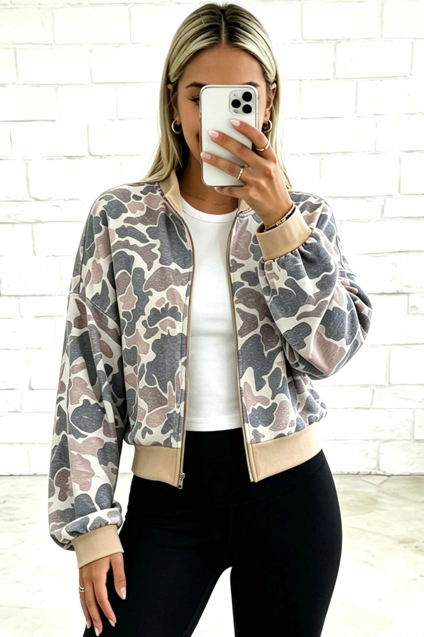 Multicolour Camouflage Print Color Block Trim Zip Bomber Sweatshirt
