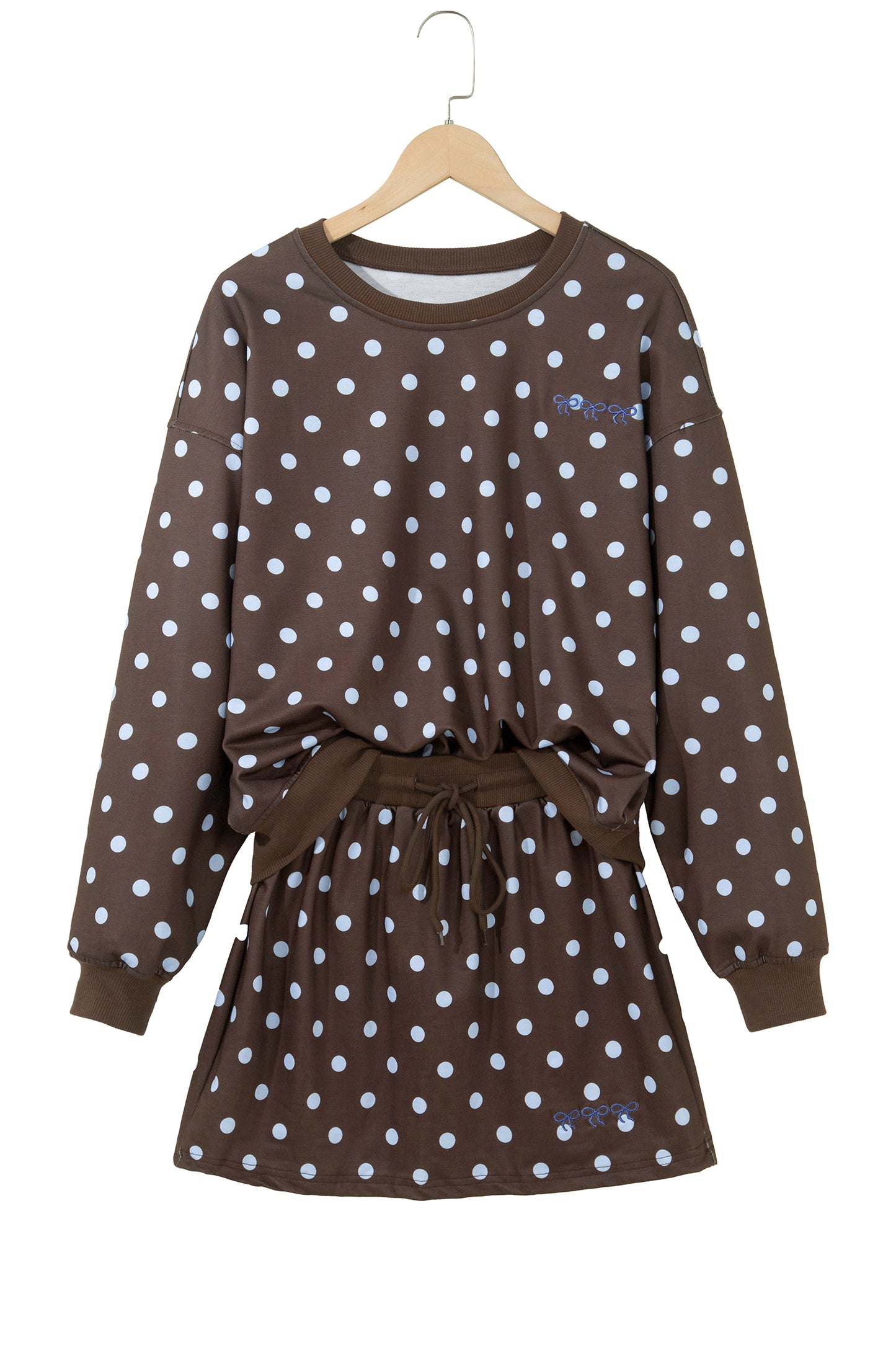 Brown Polka Dot Long Sleeve Pullover Embroidered Bow Detail 2pcs Skort Set