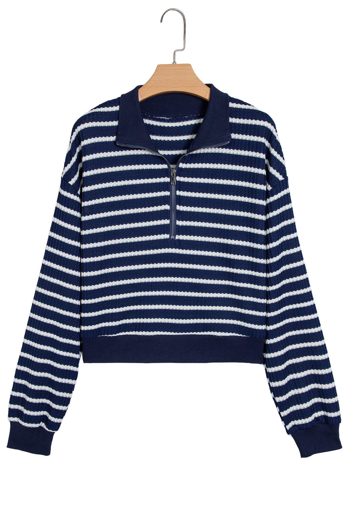 Blue Stripe Textured Knit Half Zip Collared Long Sleeve Top