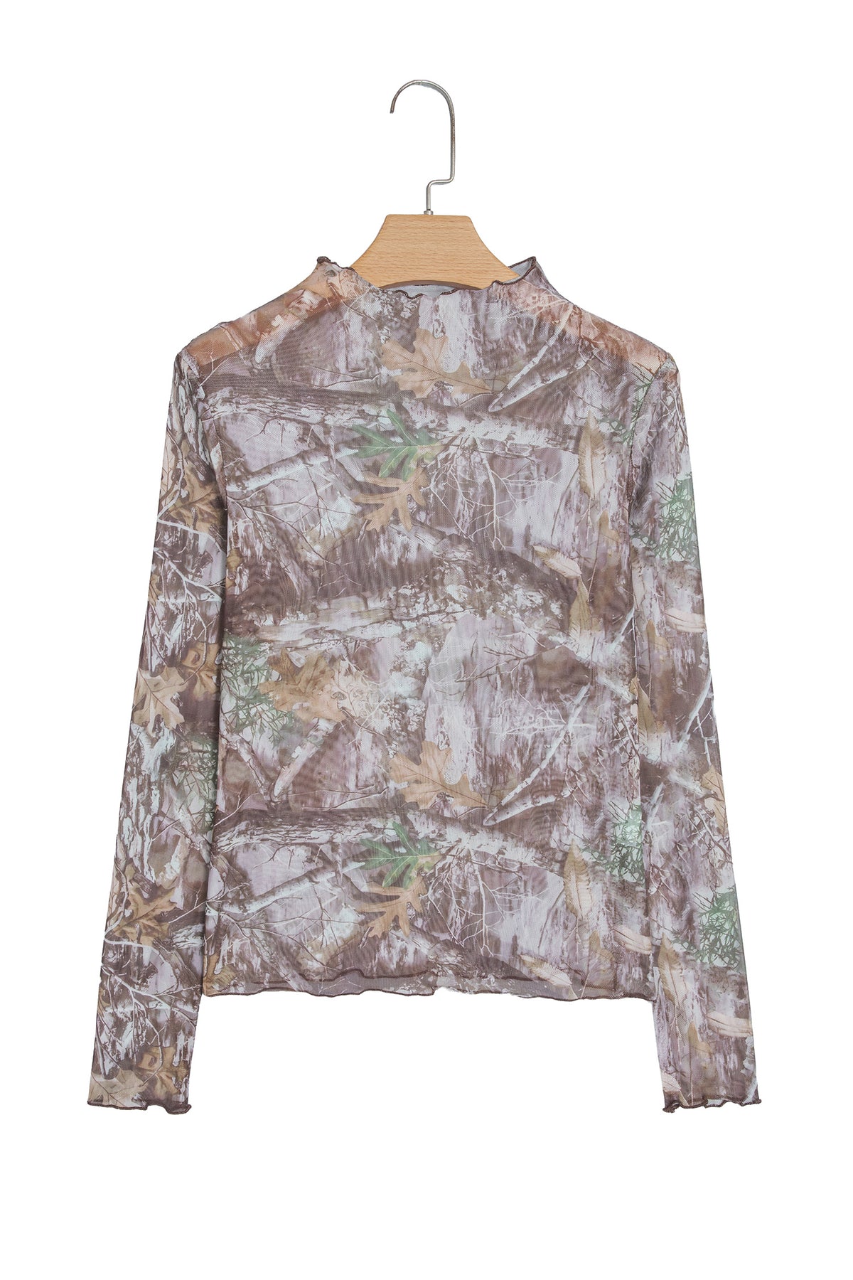 Beige Floral Print Slim Fit Mesh Long Sleeve Mock Neck Top