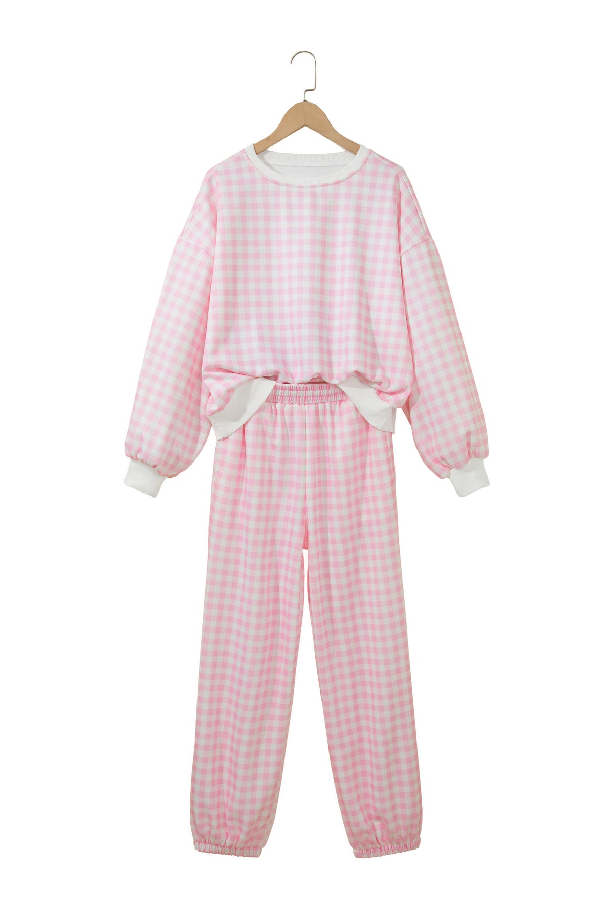 Pink Plaid Long Sleeve Two Piece Pant Set