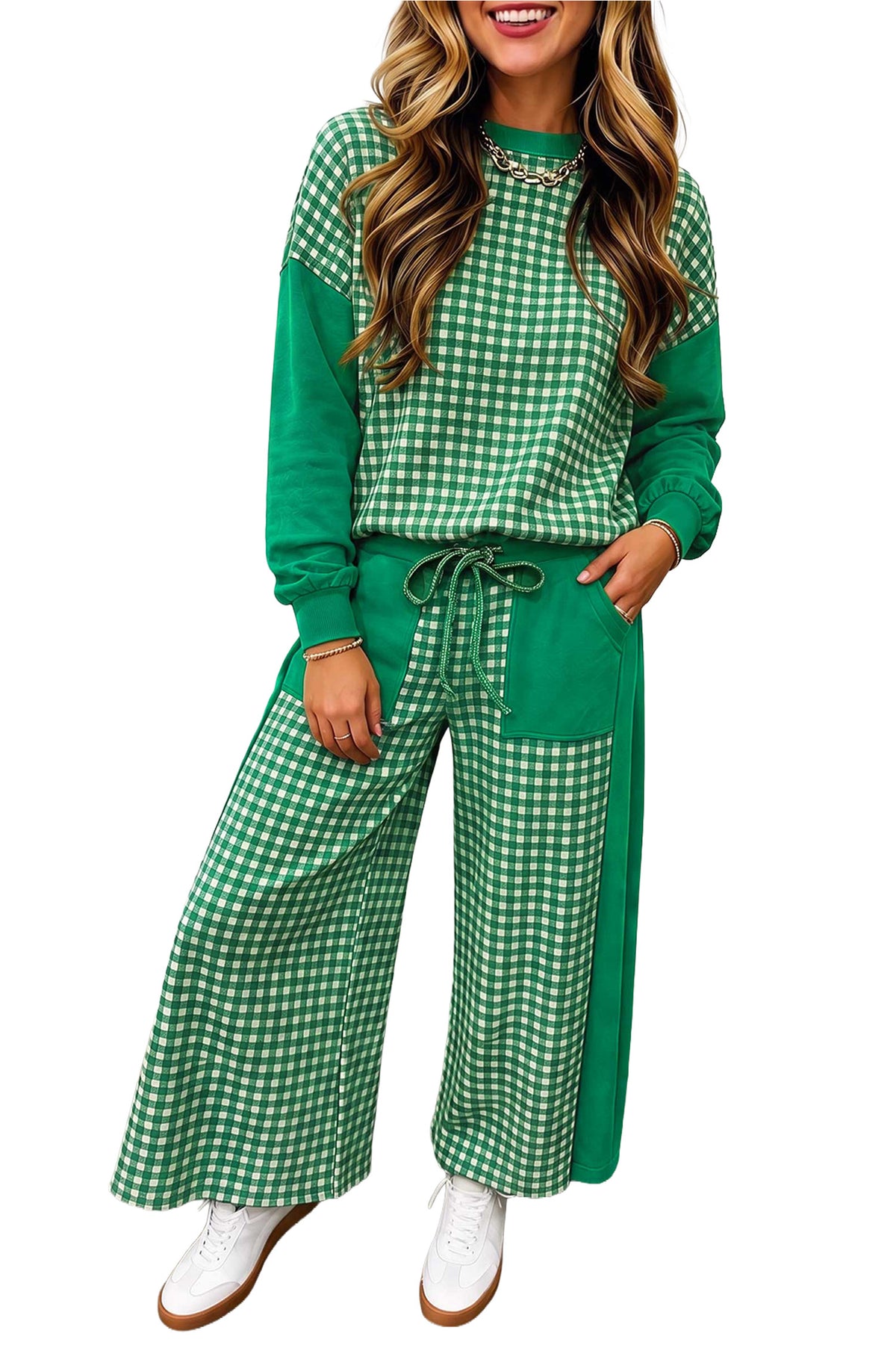 Khaki Color Block Plaid Patchwork Long Sleeve Pullover Wide Leg Pant Set