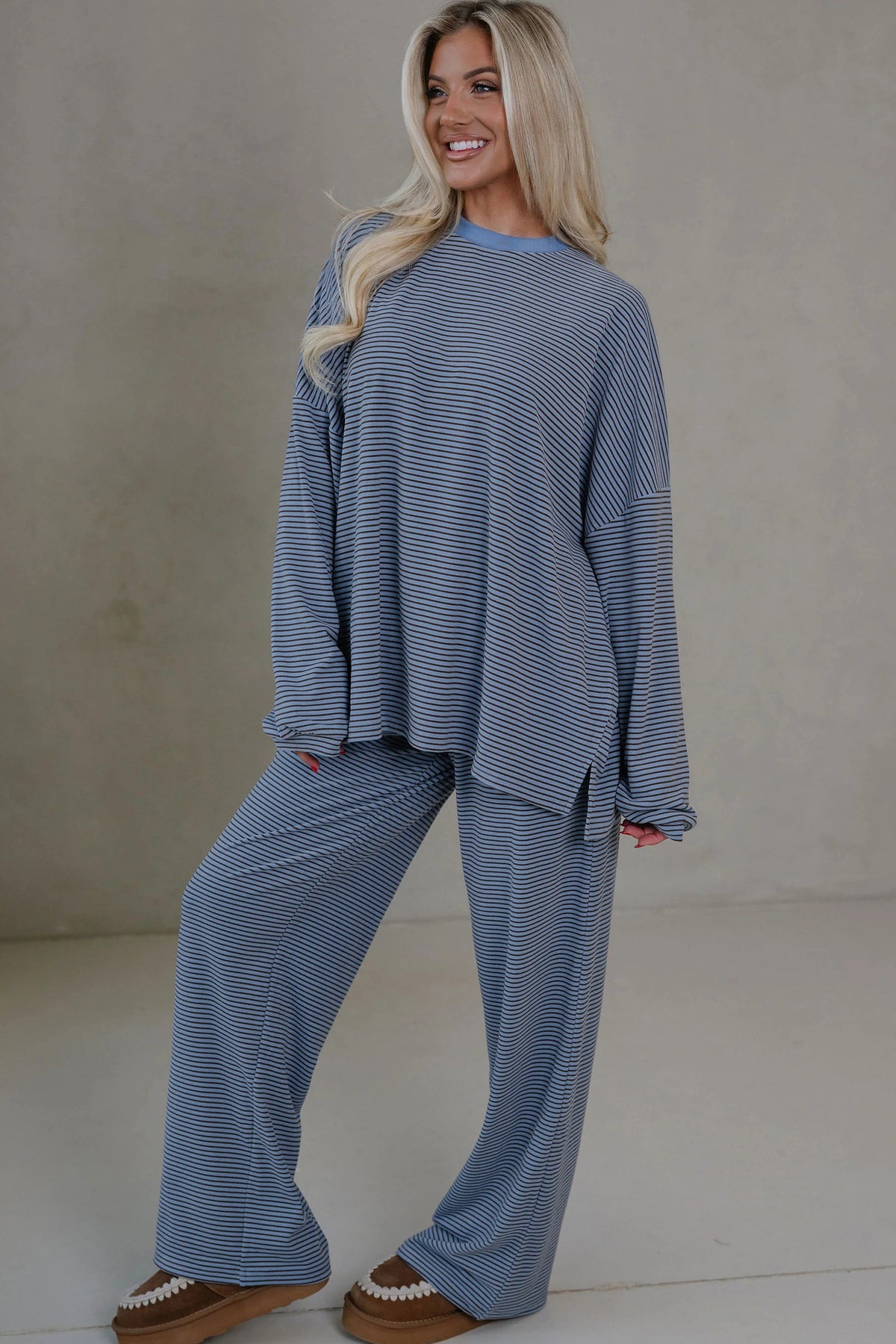Brown Stripe Contrast Trim Round Neck Oversize Long Sleeve Top 2pcs Pant Set