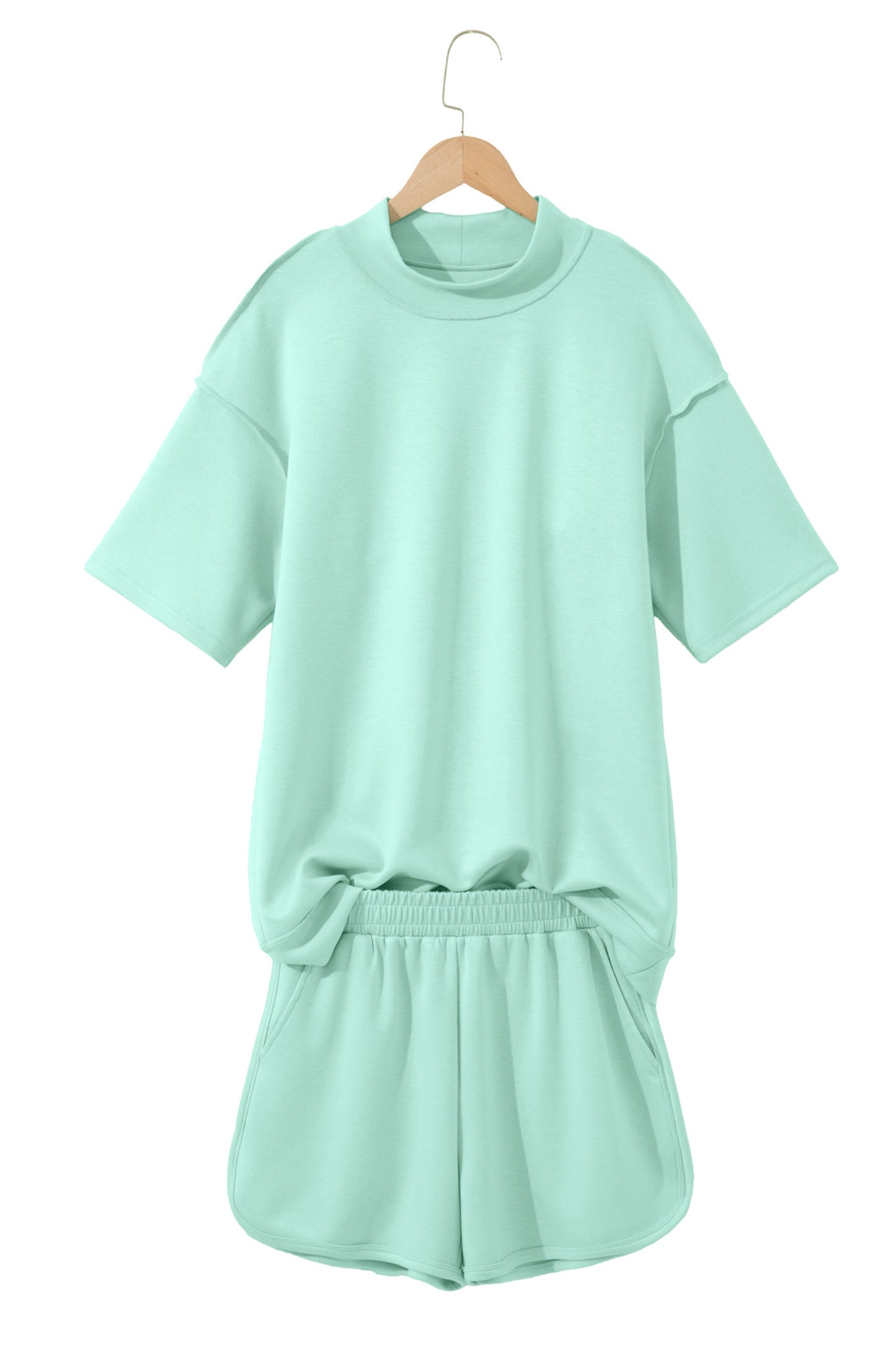 Yellow Cream Solid Color Exposed Seam Mock Neck Oversize Tee Casual Shorts 2pcs Outfit