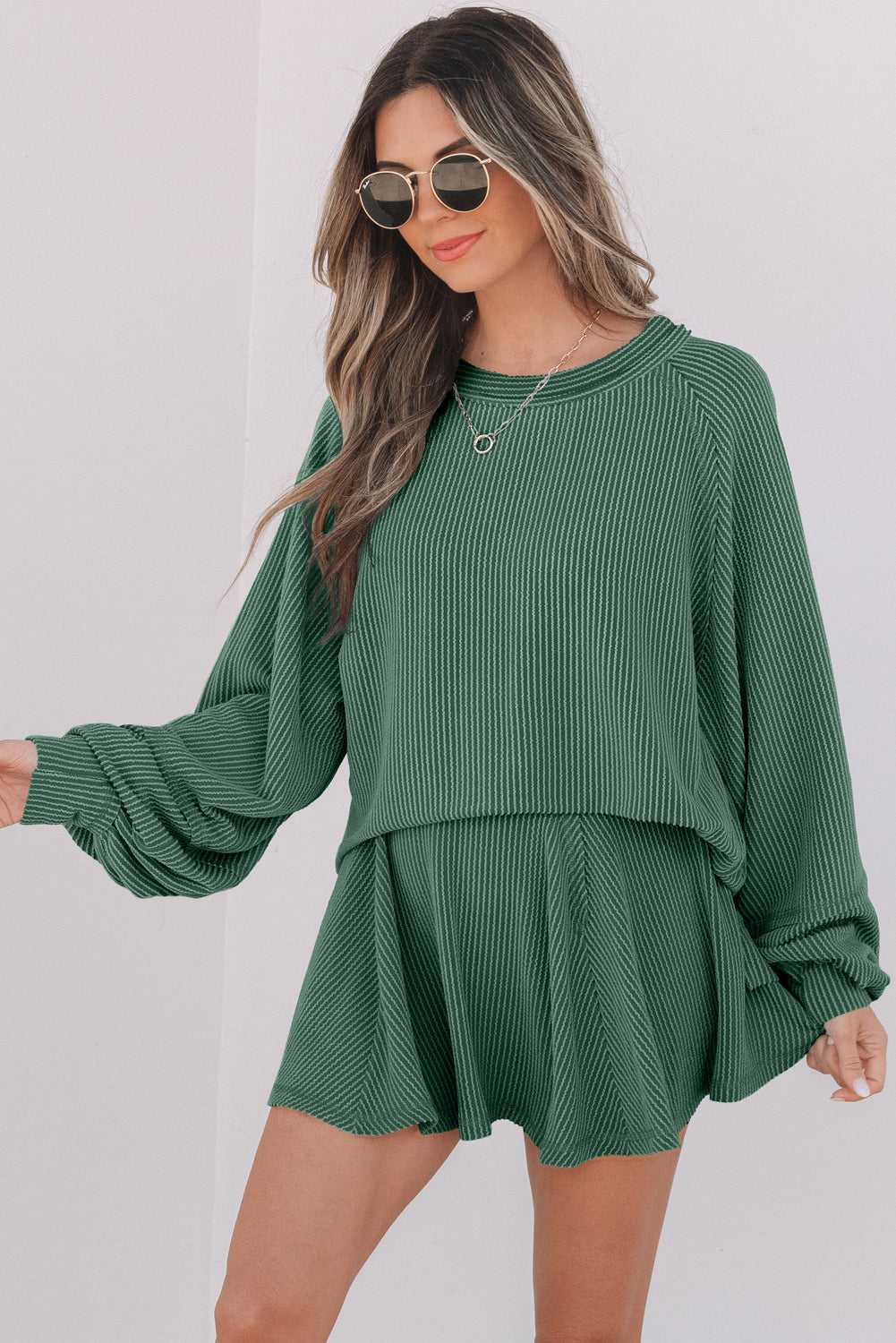 Jet Stream Corded Lantern Sleeve Top High Waist Ruffled Mini Skort Set