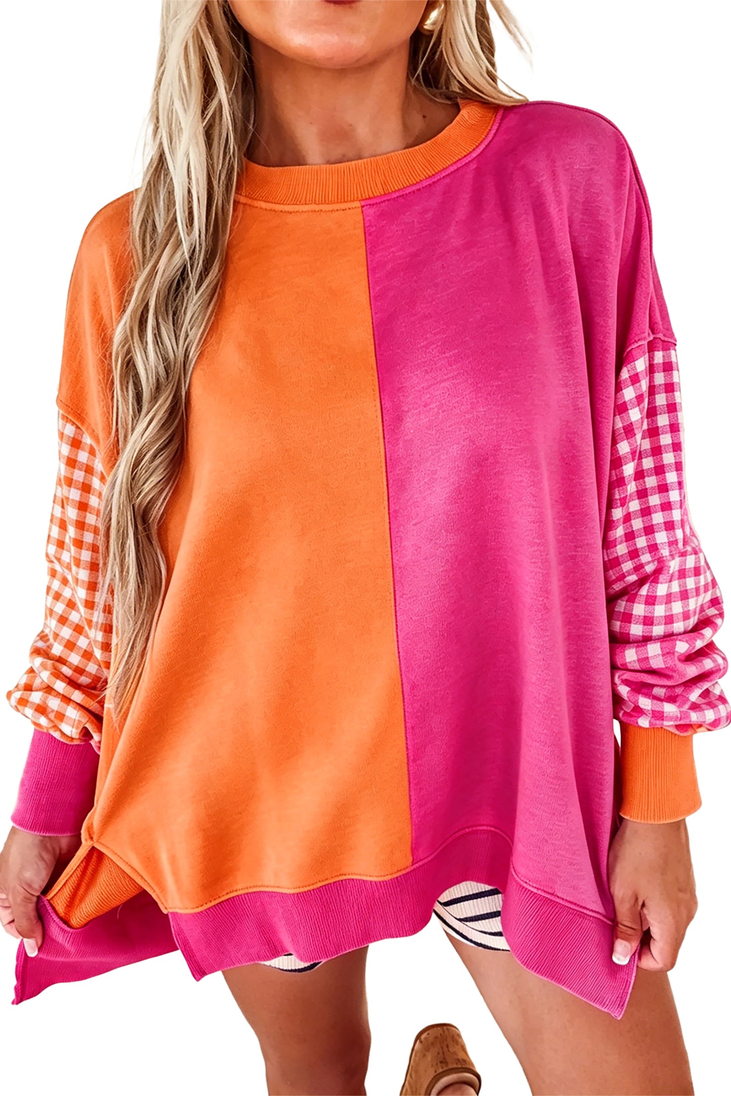 Rose Red Colorblock Gingham Sleeve Crewneck Sweatshirt