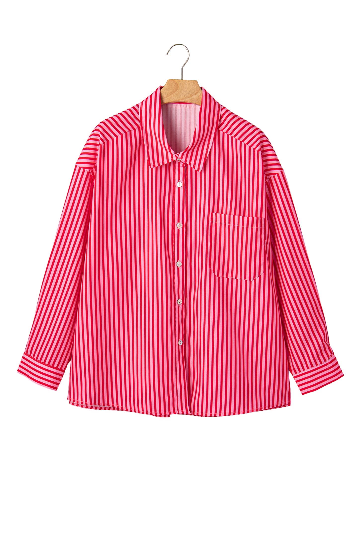 Red Stripe Button-Up Shirt Long Sleeve Patch Pocket Casual Shirt