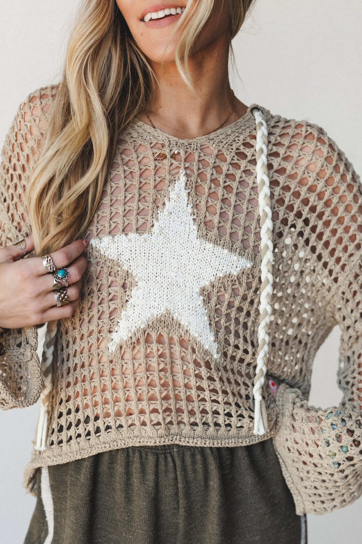 Sage Green Star Pattern Crochet Hooded Drawstring Sweater