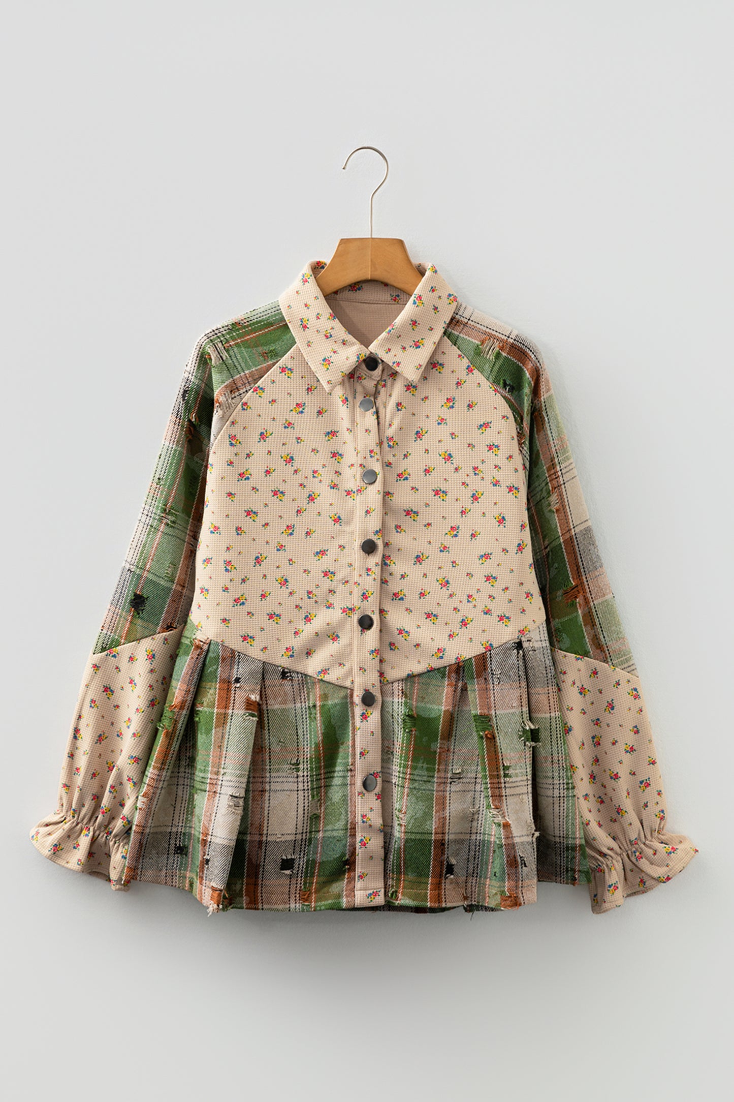 Oatmeal Boho Floral Plaid Patchwork Distressed Detail Ruffled Sleeve Waffle Knit Shacket
