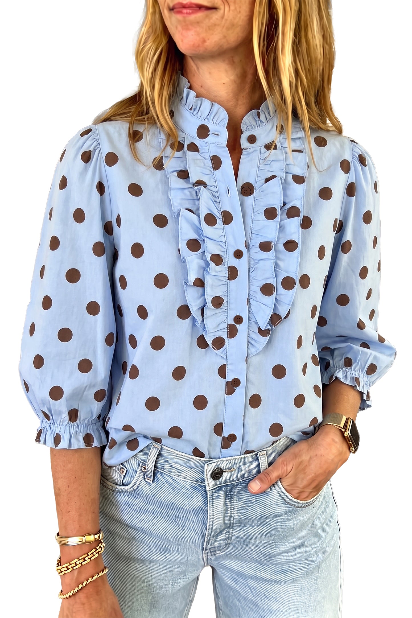 Fiery Red Polka Dot Striped Print Ruffle Stand Neck 3/4 Sleeve Shift Shirt