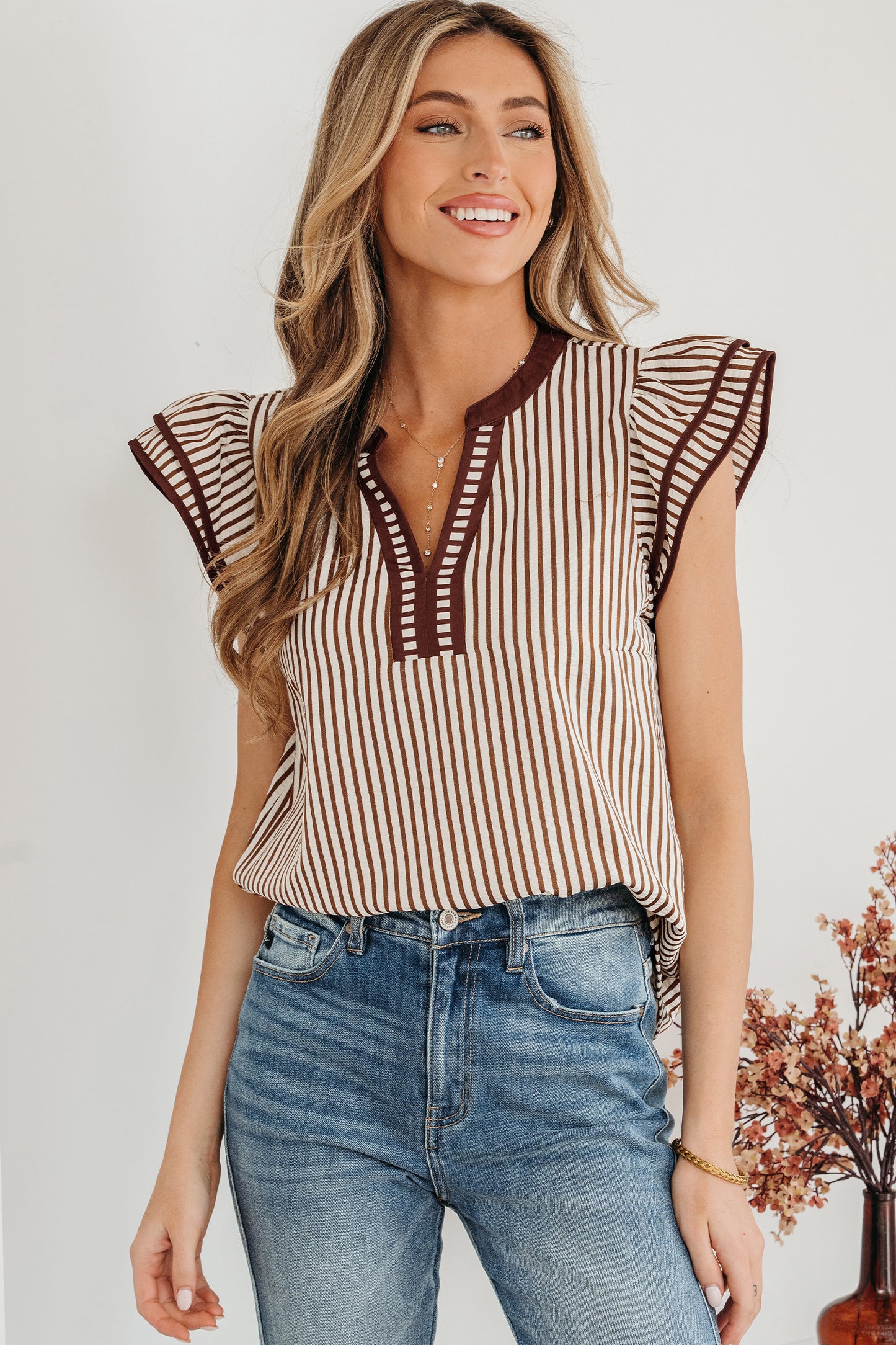 Black Stripe Double Ruffled Short Sleeve V Neck Blouse