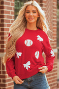 Red Sequin Baseball Bow Patched Pattern Game Day Pullover Sweatshirt