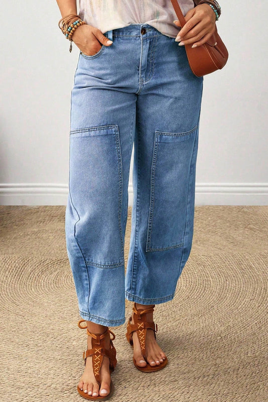Beau Blue Decorative Seam Patchwork Detail Solid Color Jeans