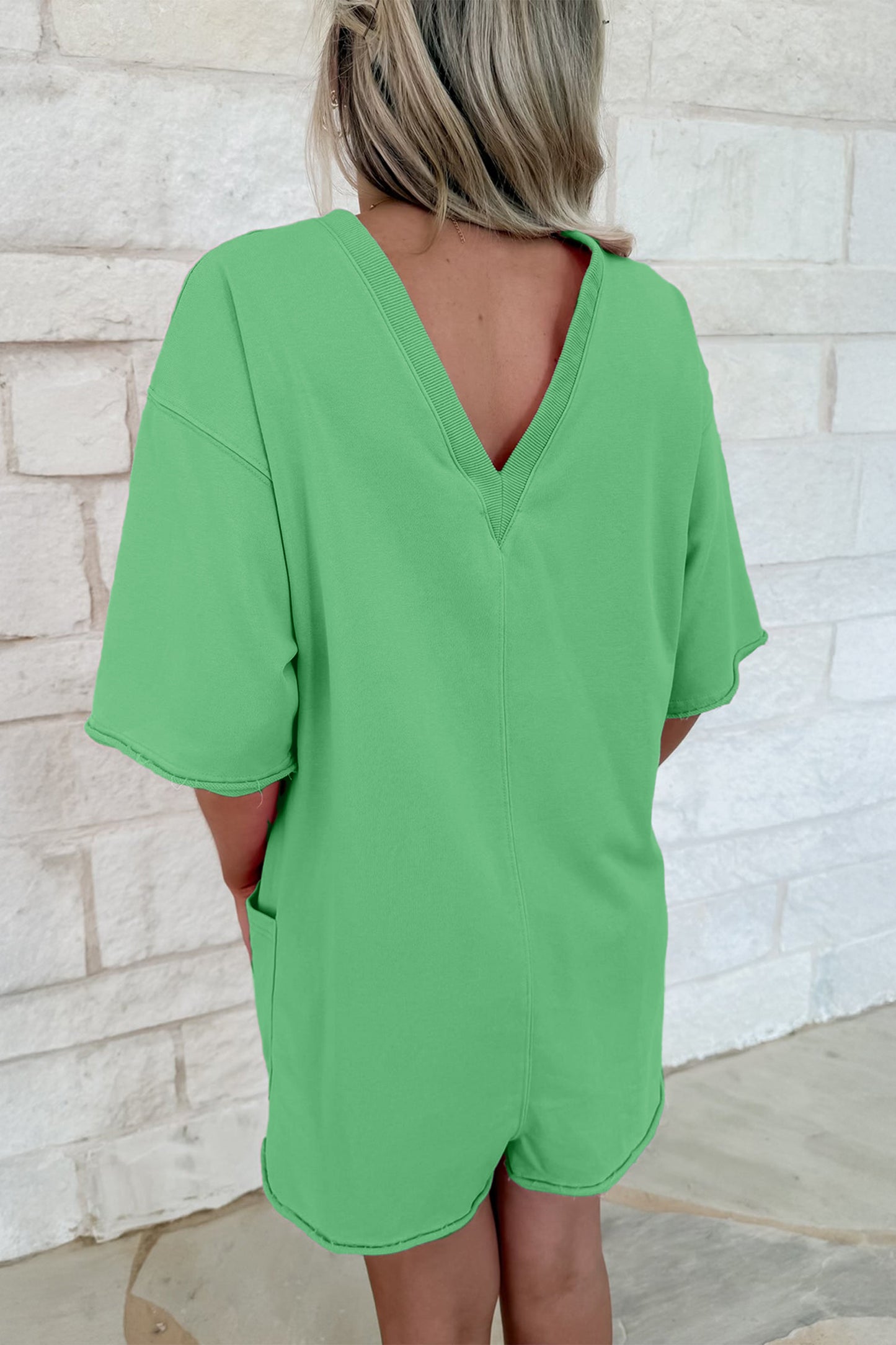Fiery Red Solid Color Raw Edge Half Sleeve Pocketed Loose Romper