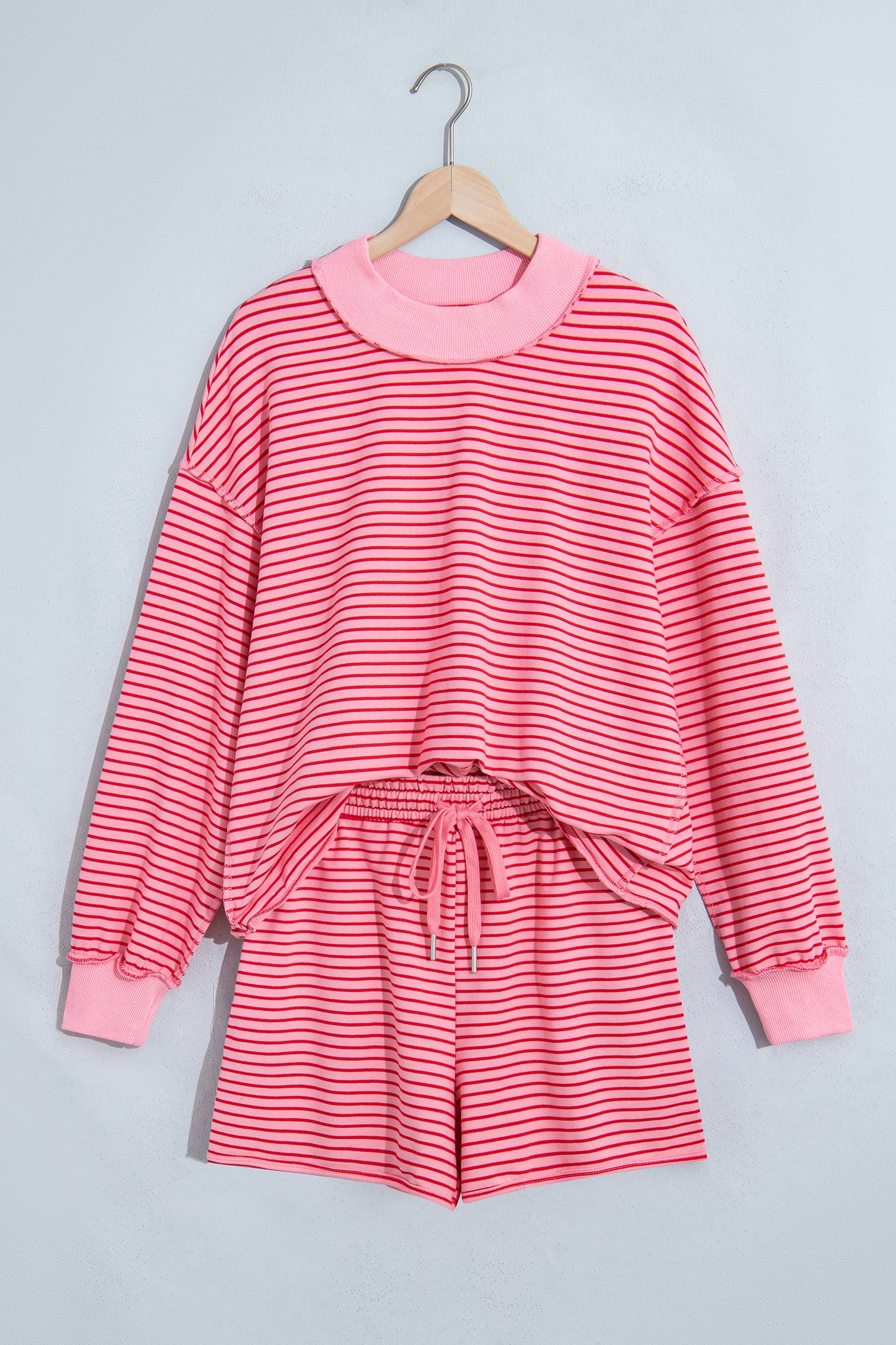 Brown Ribbed Patchwork Mock Neck Baggy Pullover Matching Shorts Set