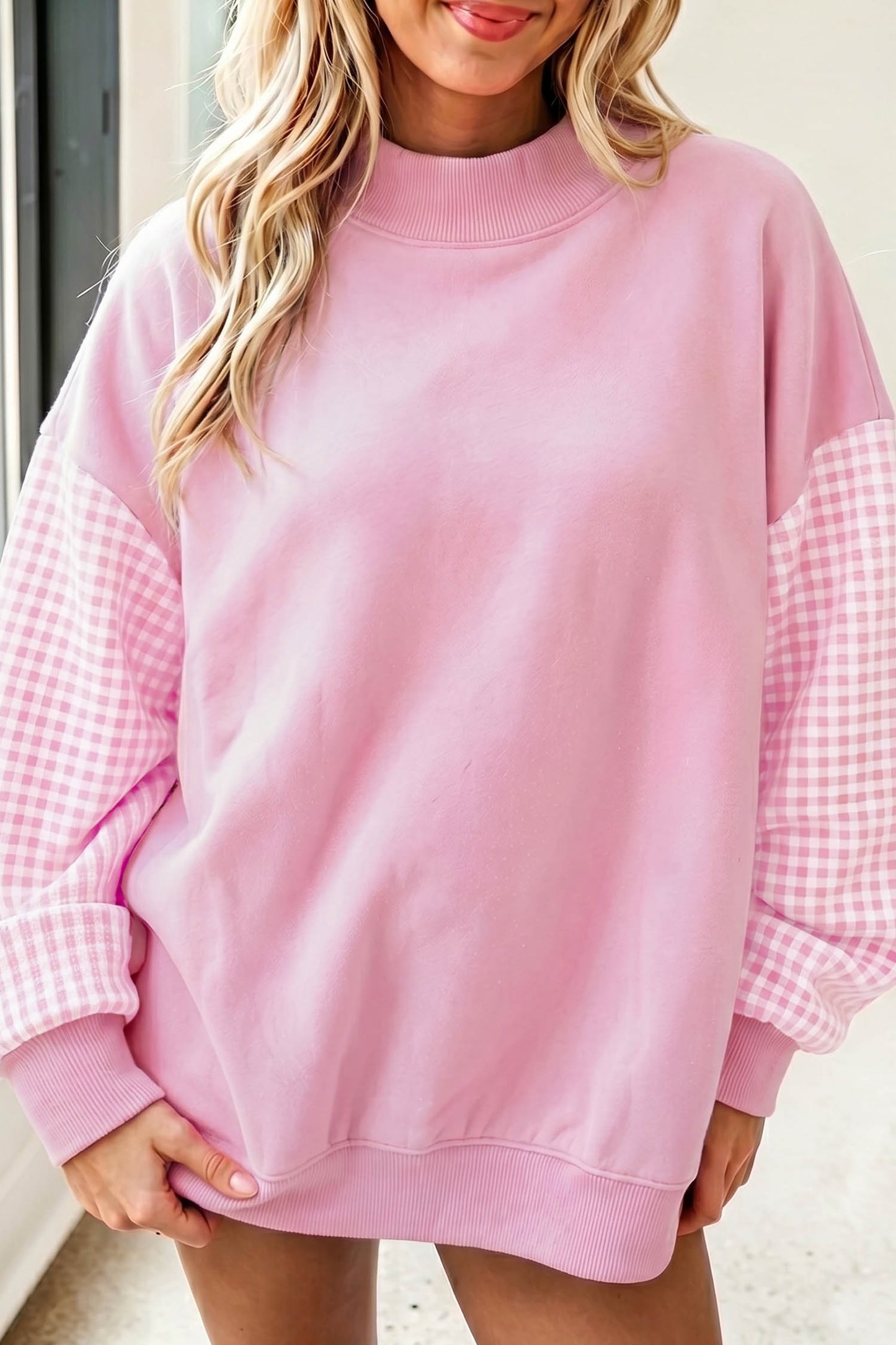 Black Plaid Sleeve Colorblock Loose Tunic Sweatshirt