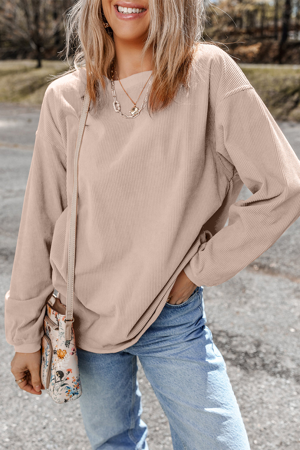 Strawberry Pink Ribbed Corduroy Oversized Sweatshirt
