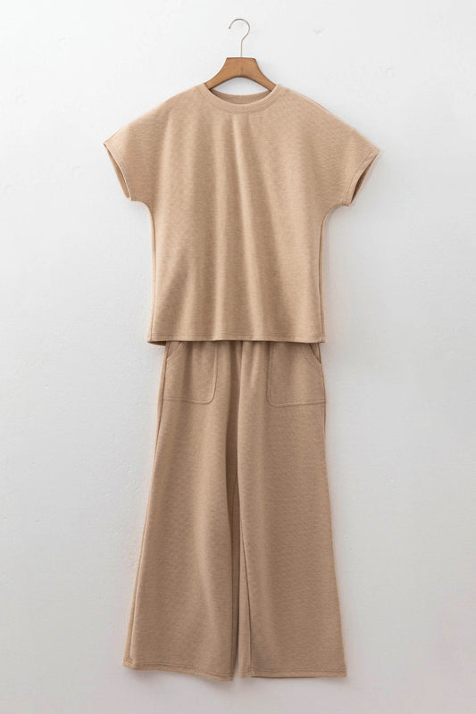 Light French Beige Solid Color Short Sleeve Top Casual Pants 2pcs Corduroy Set