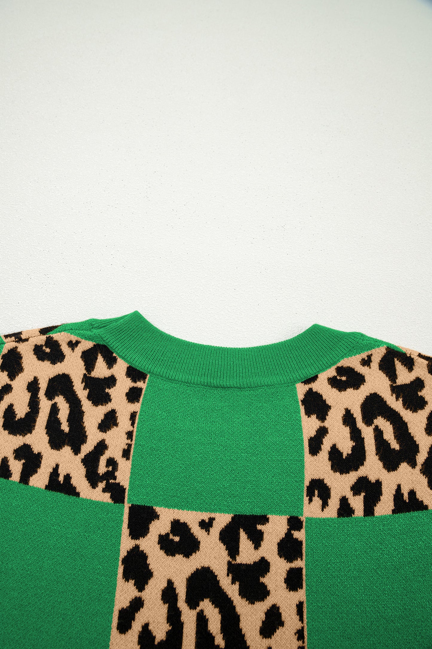 Black Leopard Checkerboard Short Sleeve Knit Sweater