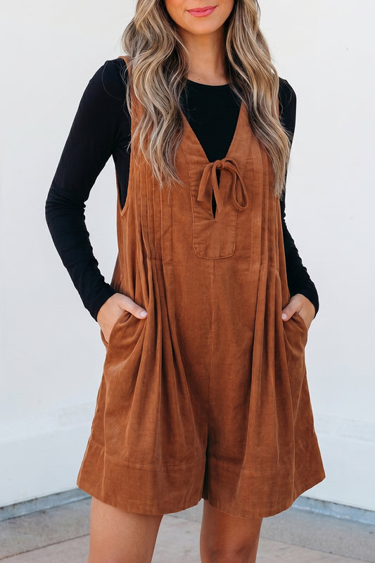 Cinnamon Solid Color Tie V Neck Sleeveless Corduroy Romper