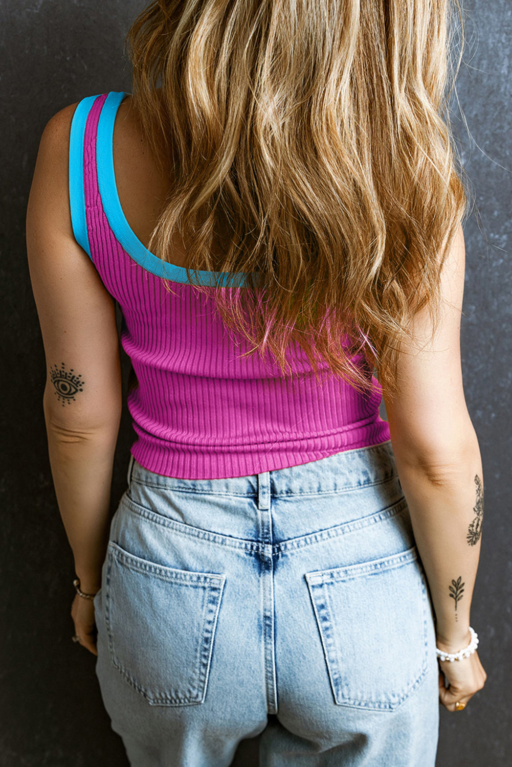 Pink Colorblock Edge Ribbed Knit U Neck Tank Top