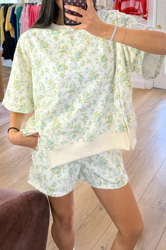 Sky Blue Floral Print Short Sleeve Elastic Waist Pocket Casual Two Piece Short Sets