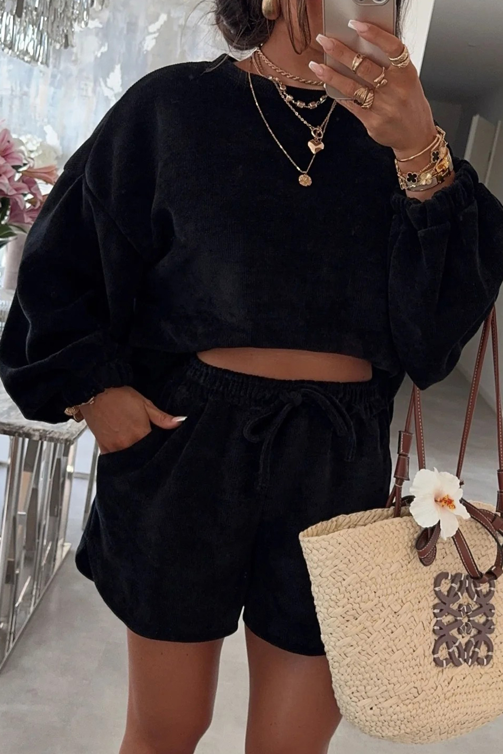 Fushia Solid Color Textured Knit Drop Shoulder Pullover Drawstring Shorts Set