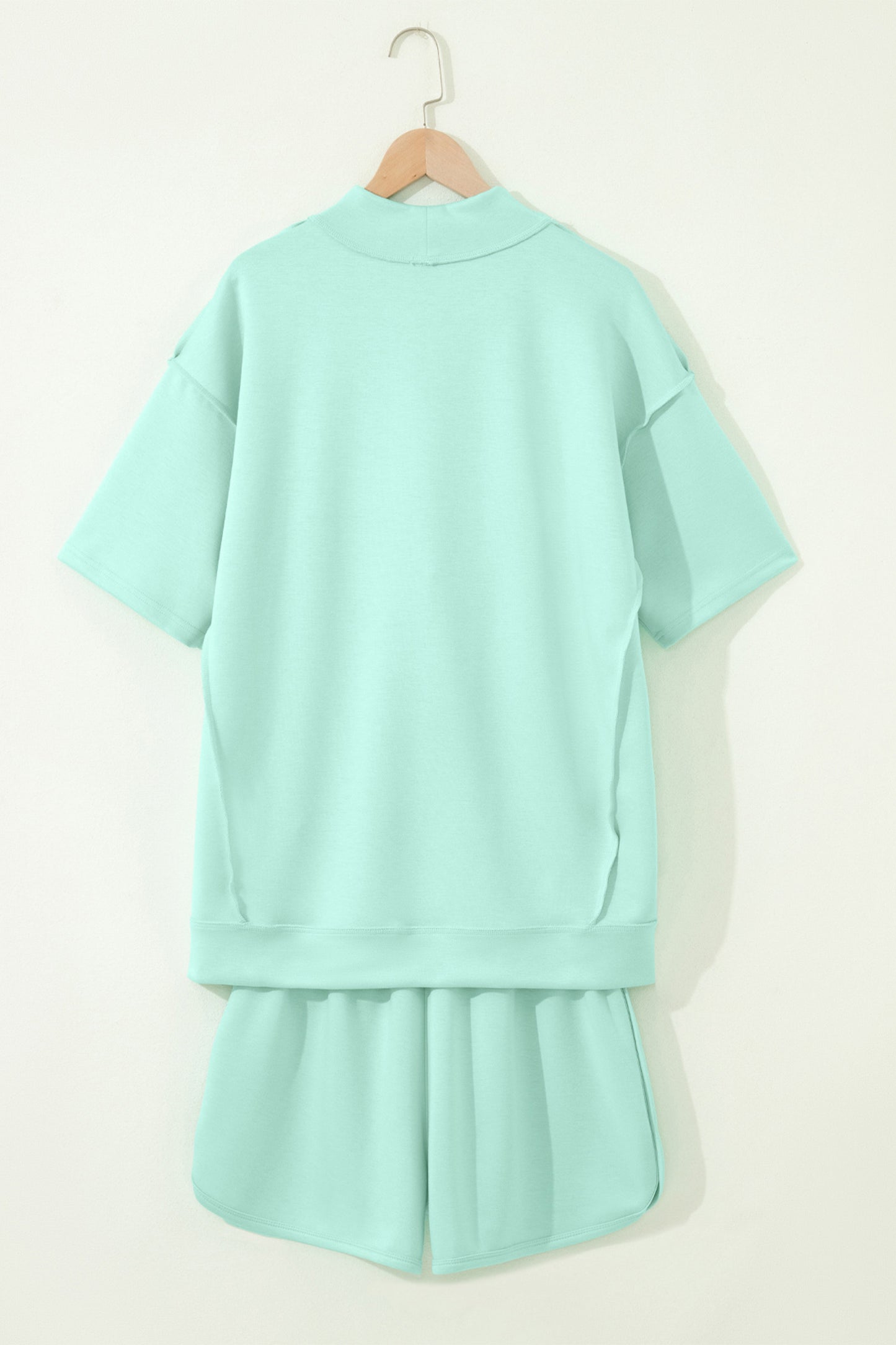 Yellow Cream Solid Color Exposed Seam Mock Neck Oversize Tee Casual Shorts 2pcs Outfit