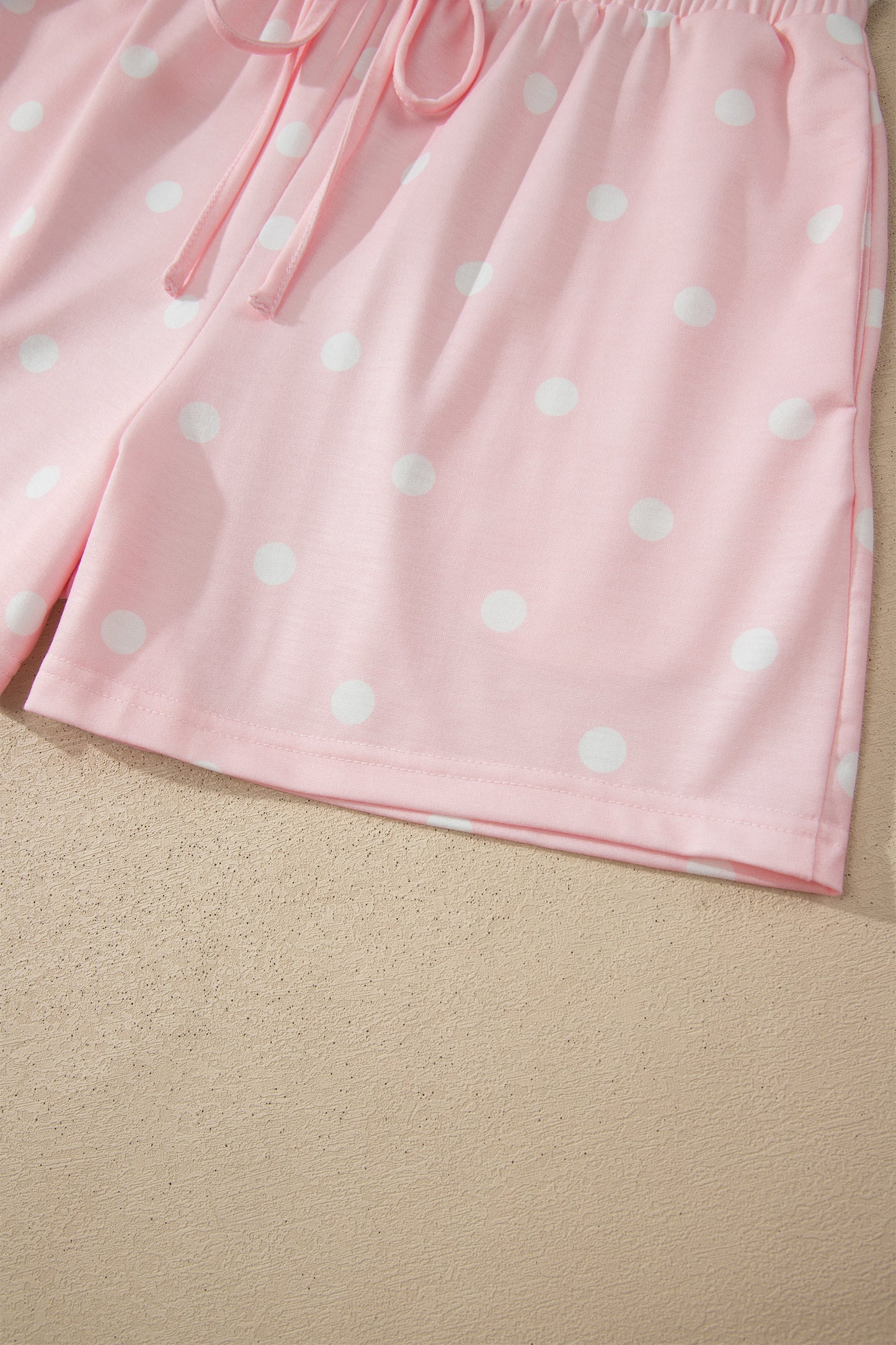 Pink Exposed Seam Detail Polka Dot Loose Tee Drawstring Shorts Set
