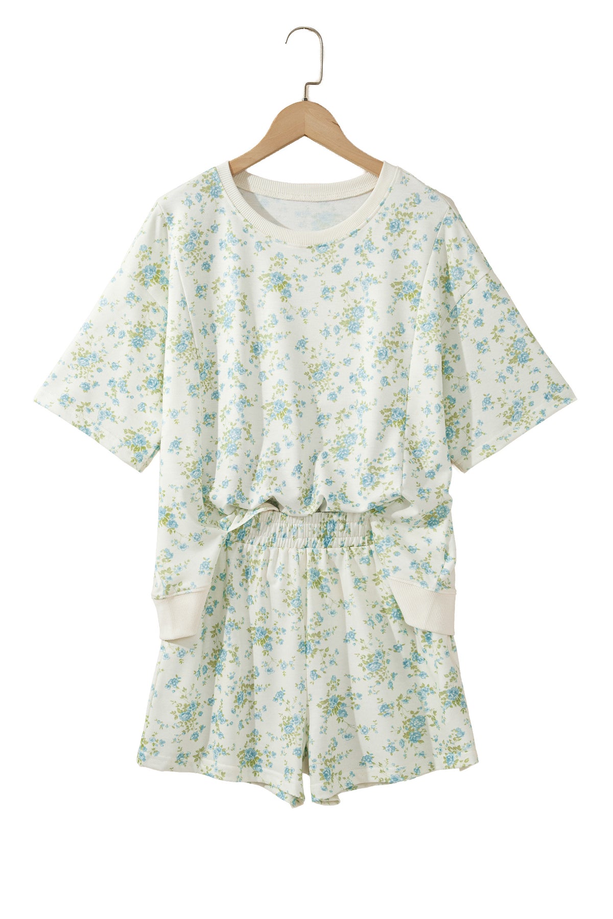 Sky Blue Floral Print Short Sleeve Elastic Waist Pocket Casual Two Piece Short Sets