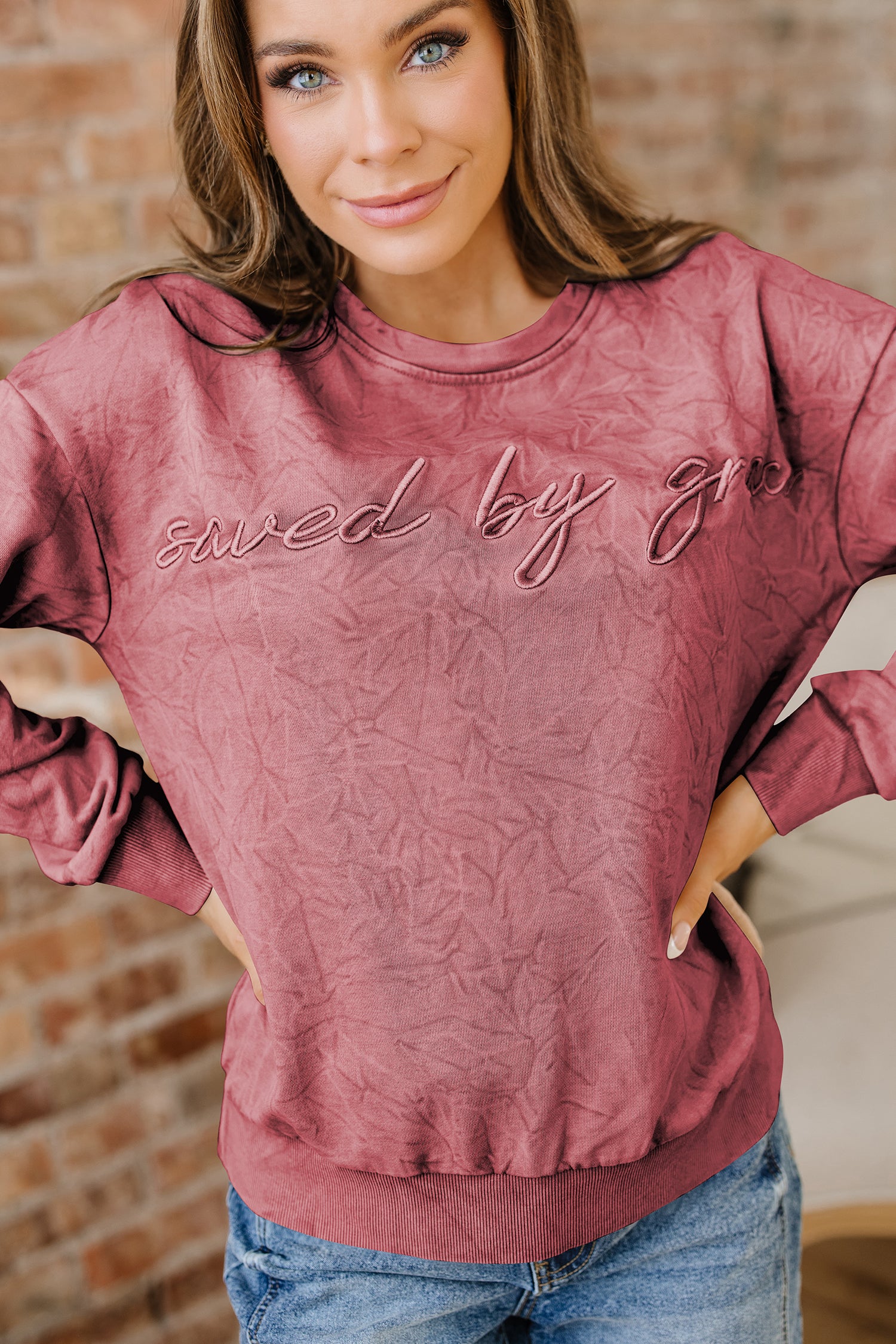 DUNE saved by grace Letter Embroidery Mineral Wash Loose Sweatshirt