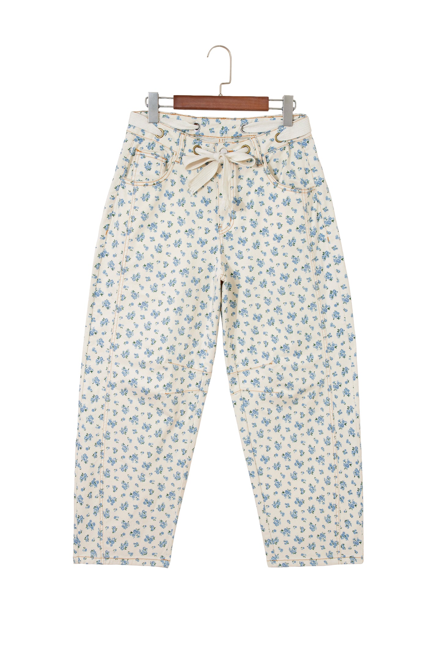 Beige Grommet Knot Waist Floral Barrel Leg Jeans