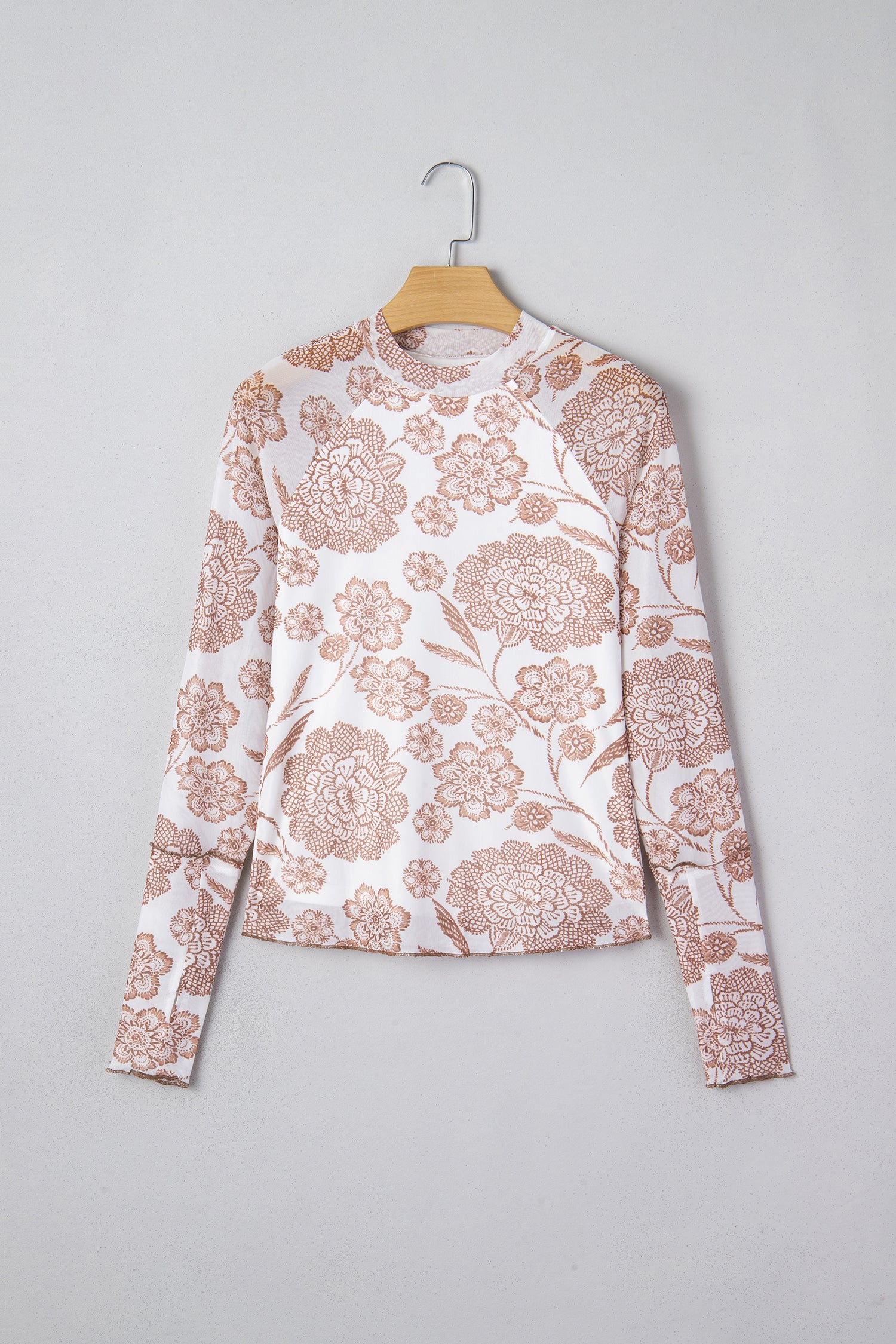 Brown Thumbhole Long Sleeve Floral Print Mesh Top