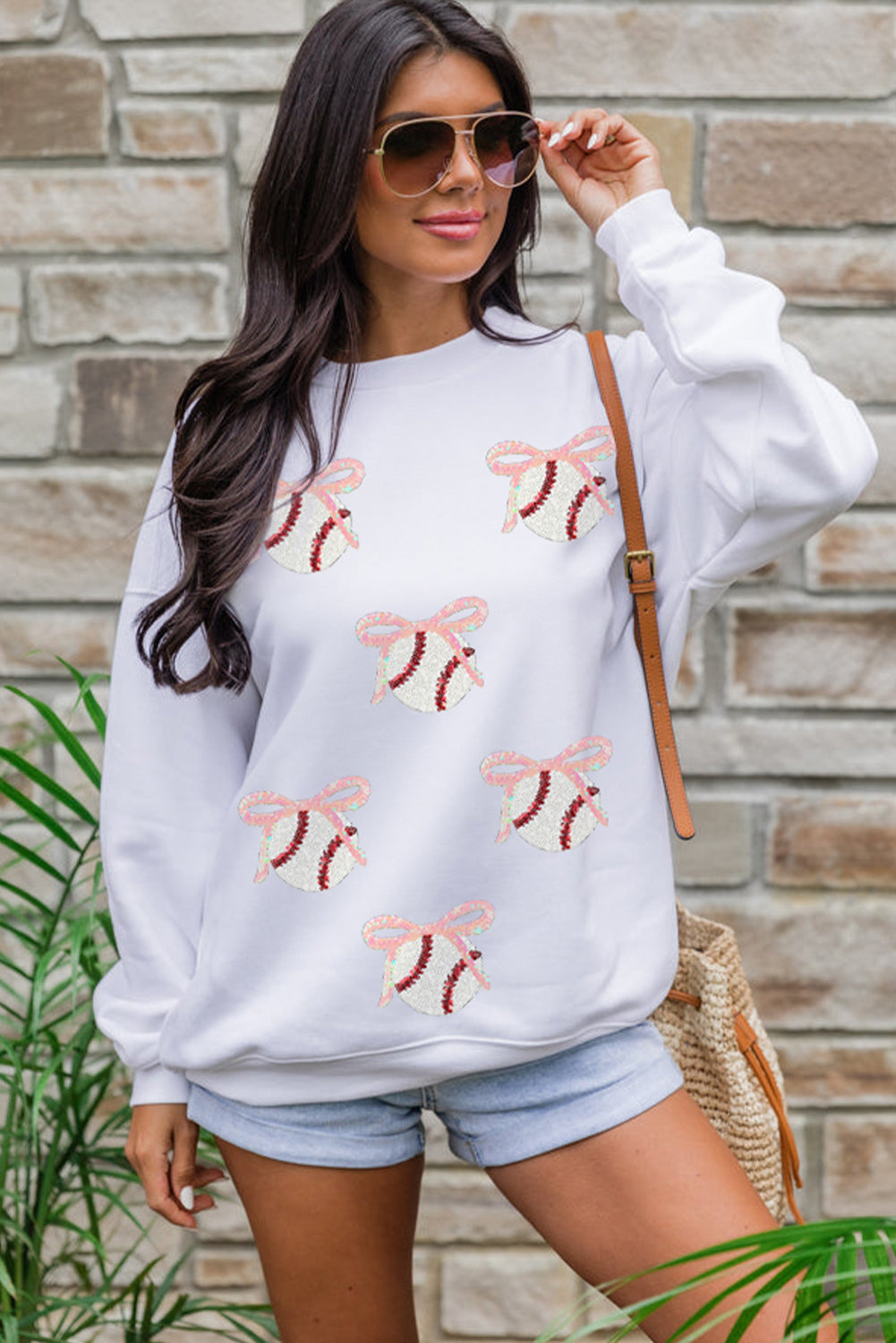 White Sequin Bow Baseball Patched Casual Sweatshirt