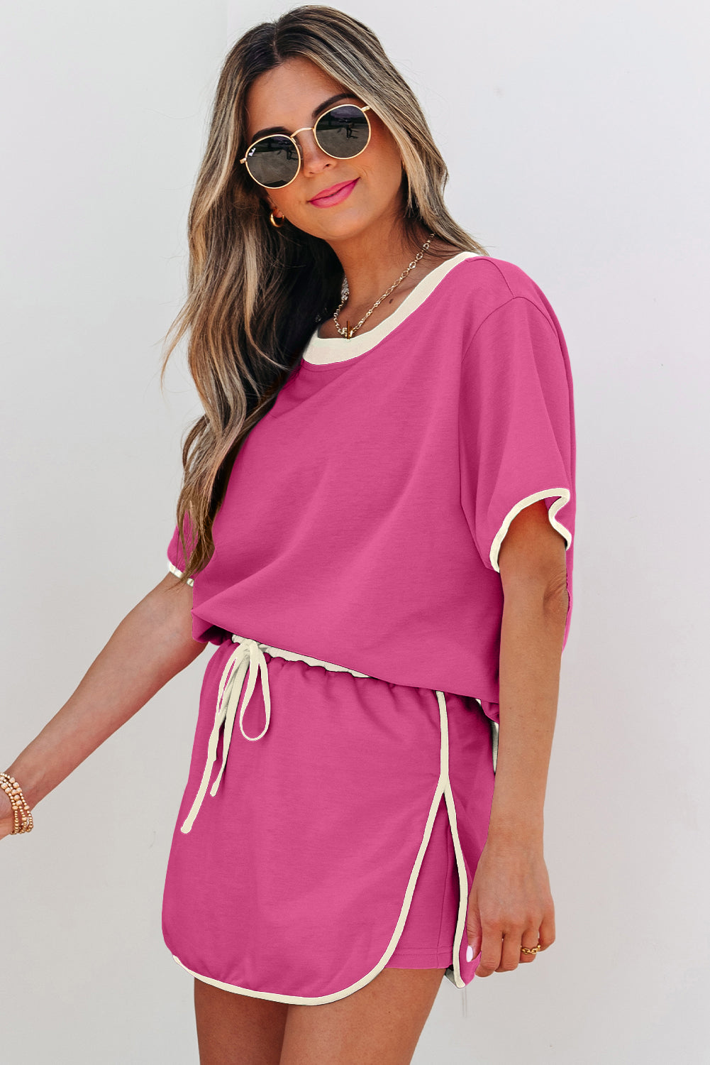 Turquoise Colorblock Edge Drop Shoulder T Shirt and Skort 2Pcs Set