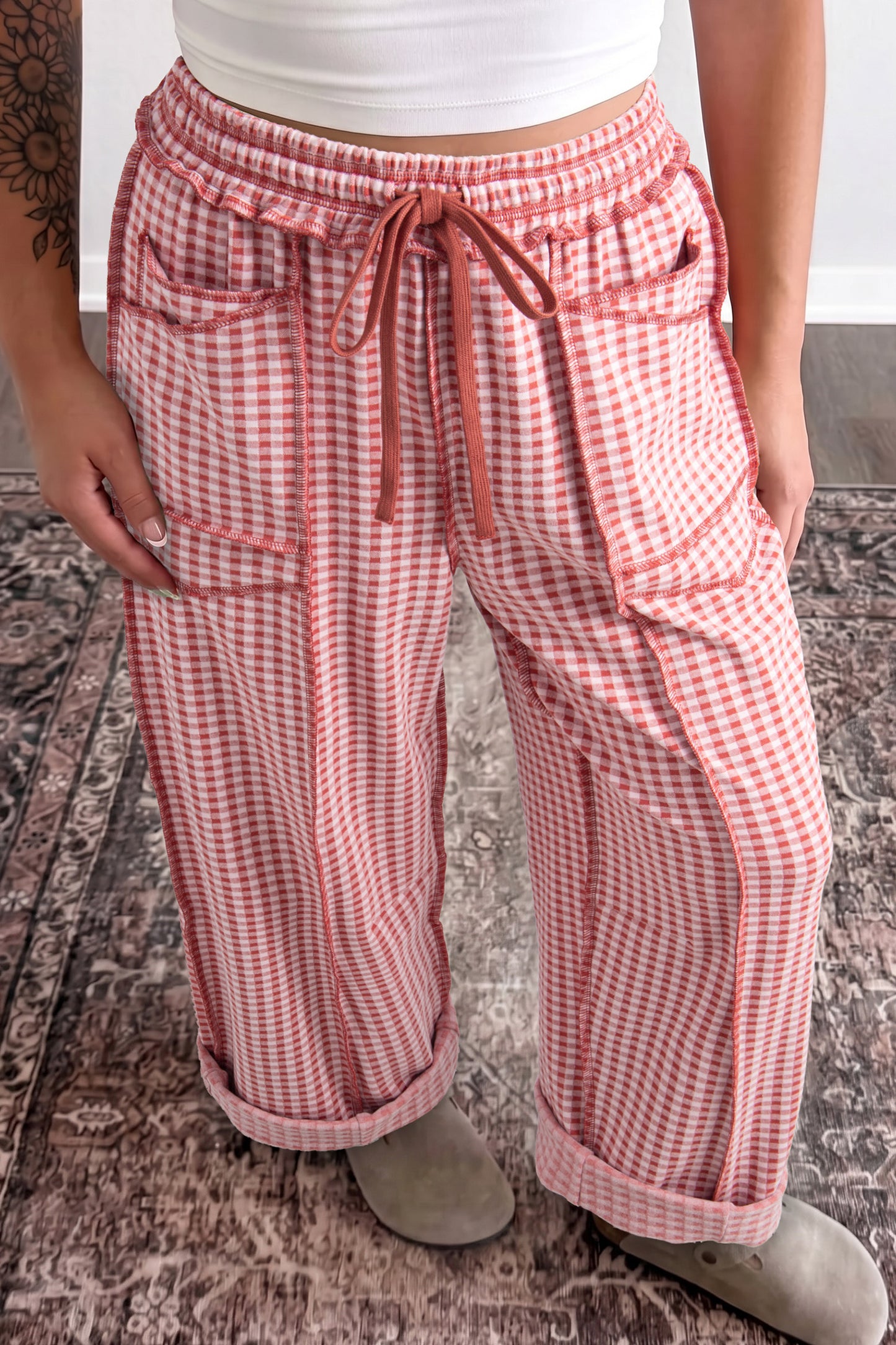 Green Plaid Contrast Trim Drawstring Elastic Waist Shift Pants