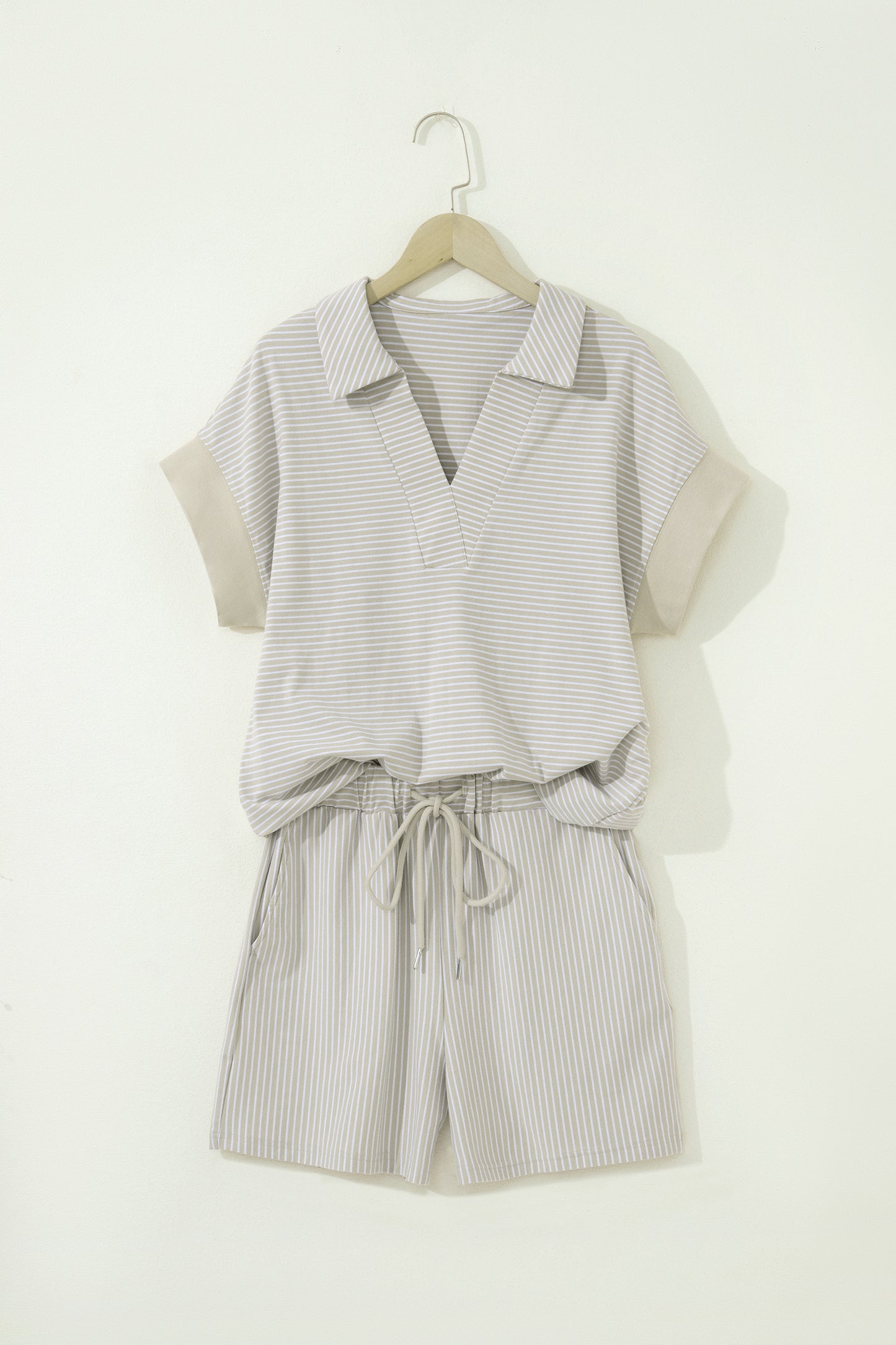 Pink Stripe Dolman Sleeve Polo Shirt and Drawstring Shorts Set