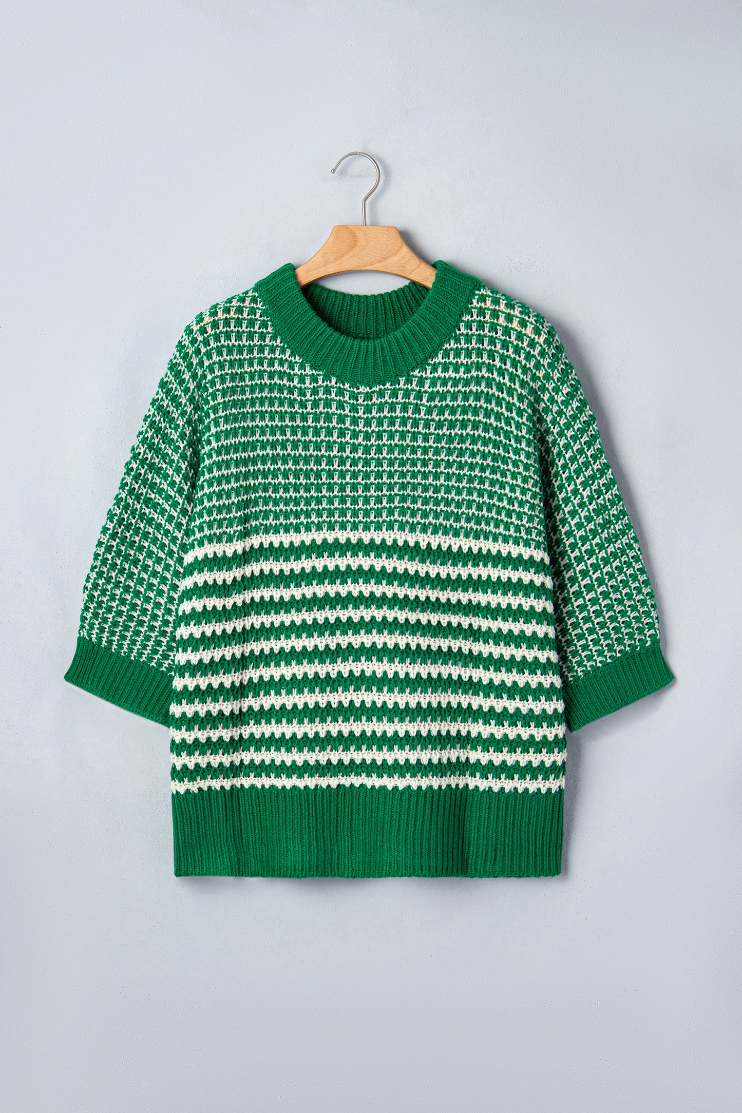 Green Stripe 3/4 Draped Sleeve Slouchy Sweater