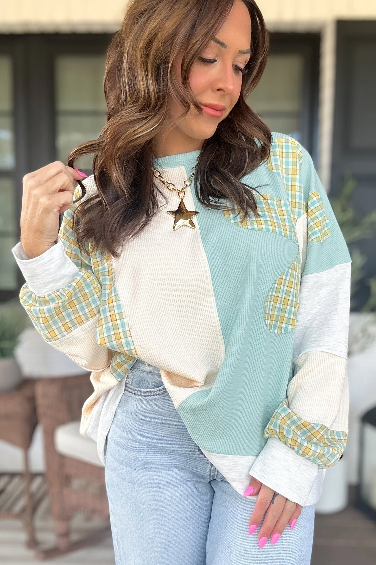 Light Blue Plaid Patchwork Round Neck Long Sleeve Top