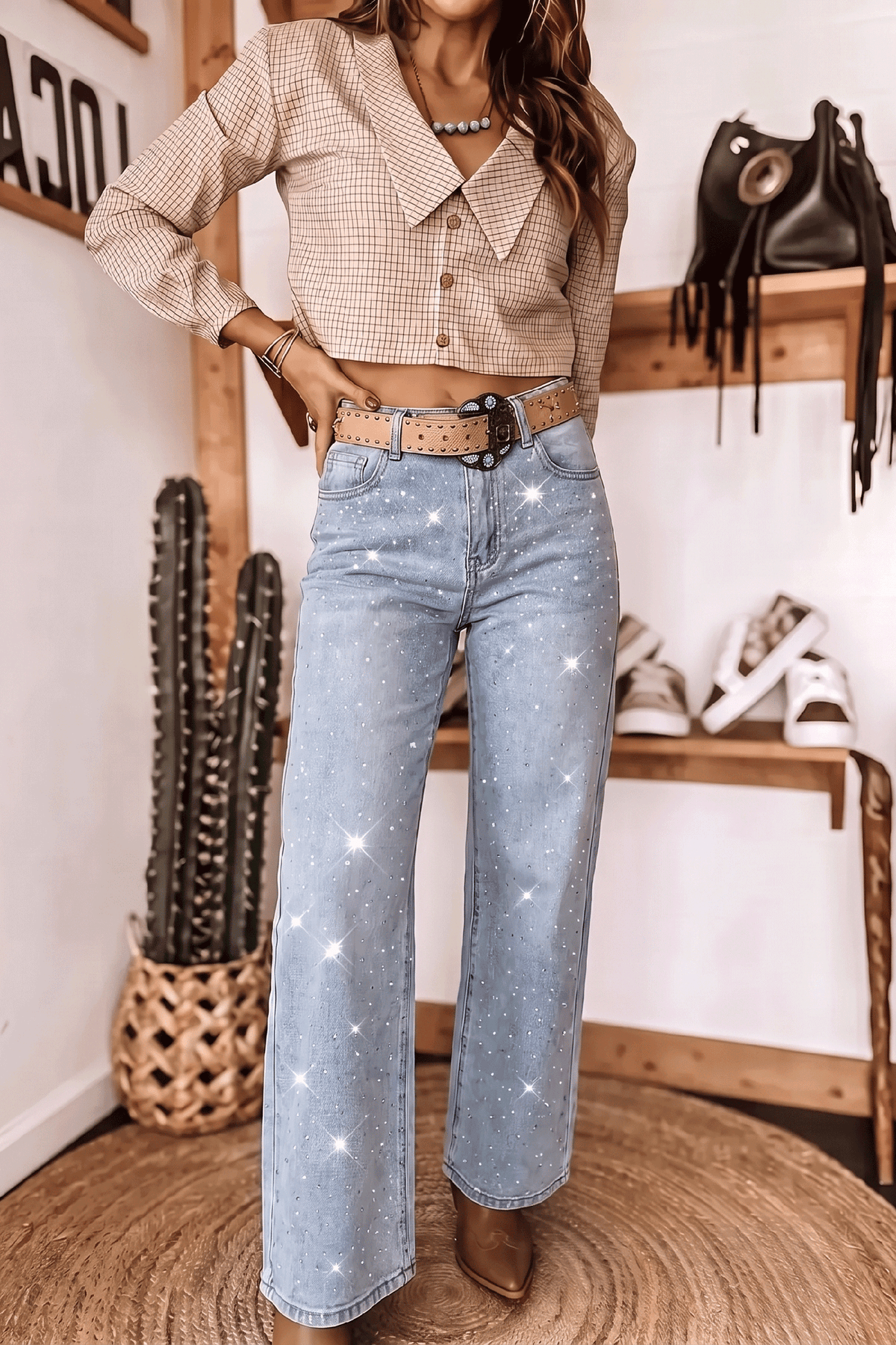 Beau Blue Sparkle Detail Western Casual Shift Jeans