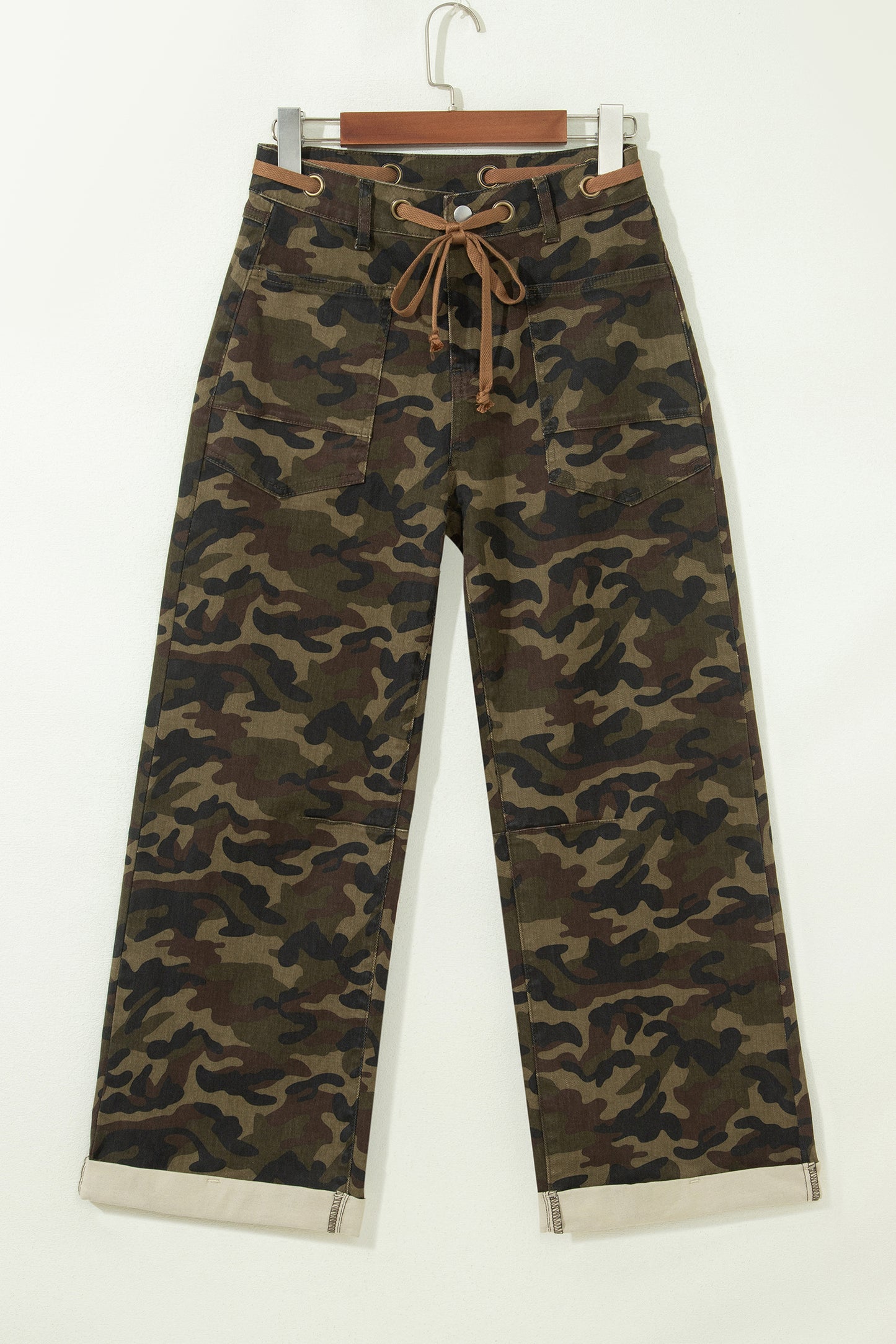 Multicolour Camouflage Print Retro Grommet Tie Waist Loose Jeans