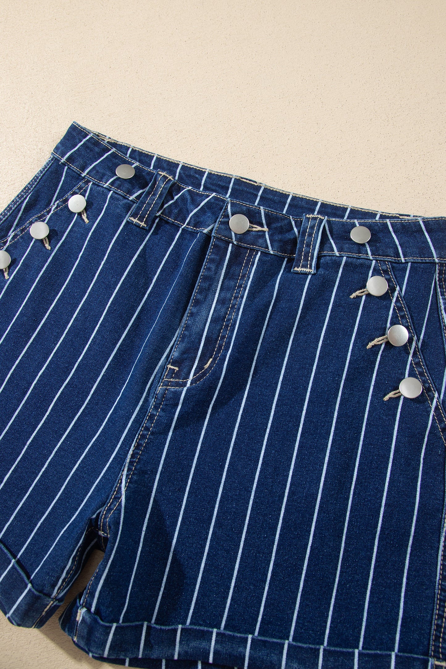 Blue Stripe Metal Button Detail Womens Denim Shorts