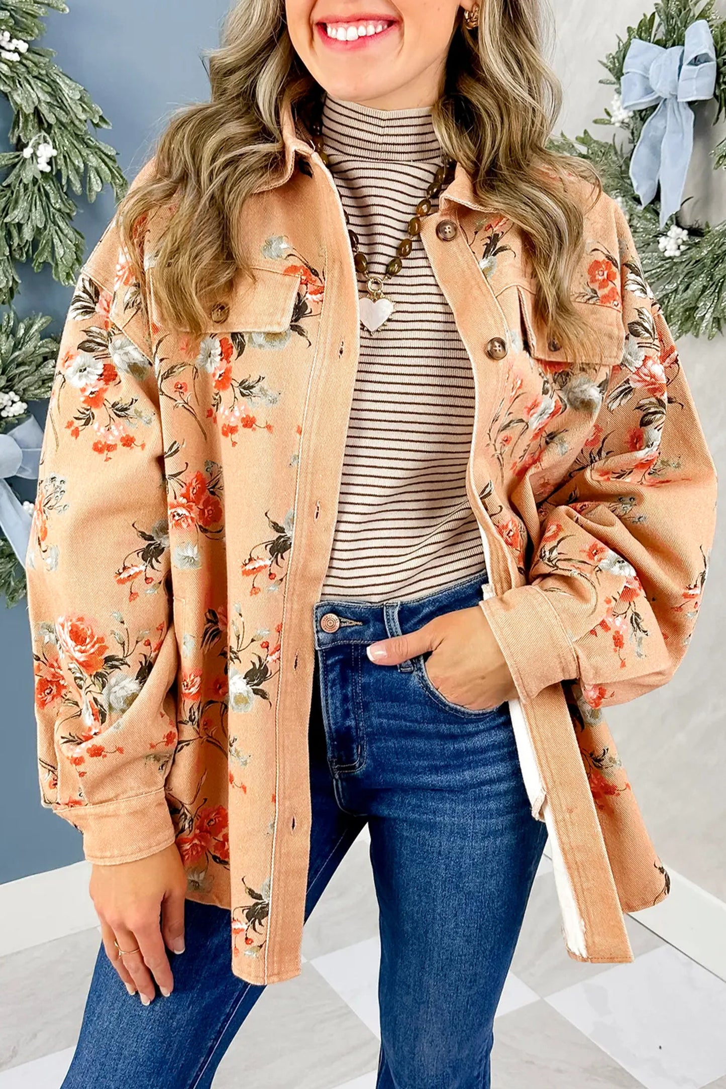 Khaki Floral Print Long Sleeve Denim Jacket Shift Silhouette Tunic Length Casual Daily Wear