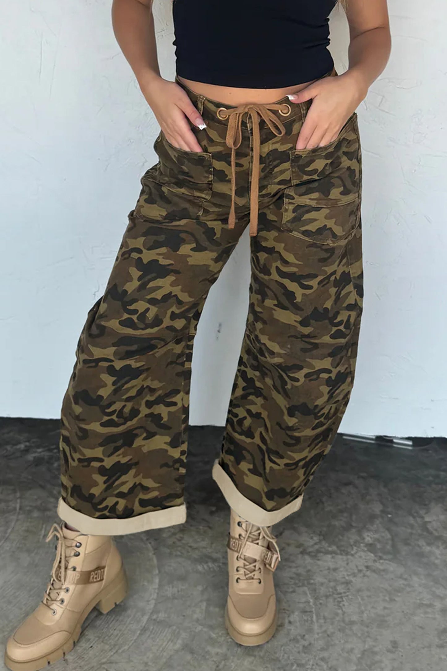 Multicolour Camouflage Print Retro Grommet Tie Waist Loose Jeans