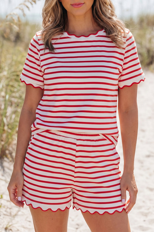 Red Stripe Scallop Trim Casual Top 2pcs Short Set