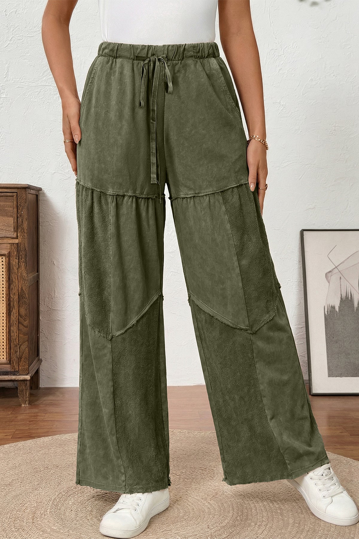 Vineyard Green Mineral Wash Tiered Wide Leg Patchwork Drawstring Pants