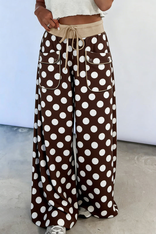 Brown Polka Dot Drawstring Pocket Wide Leg Pants