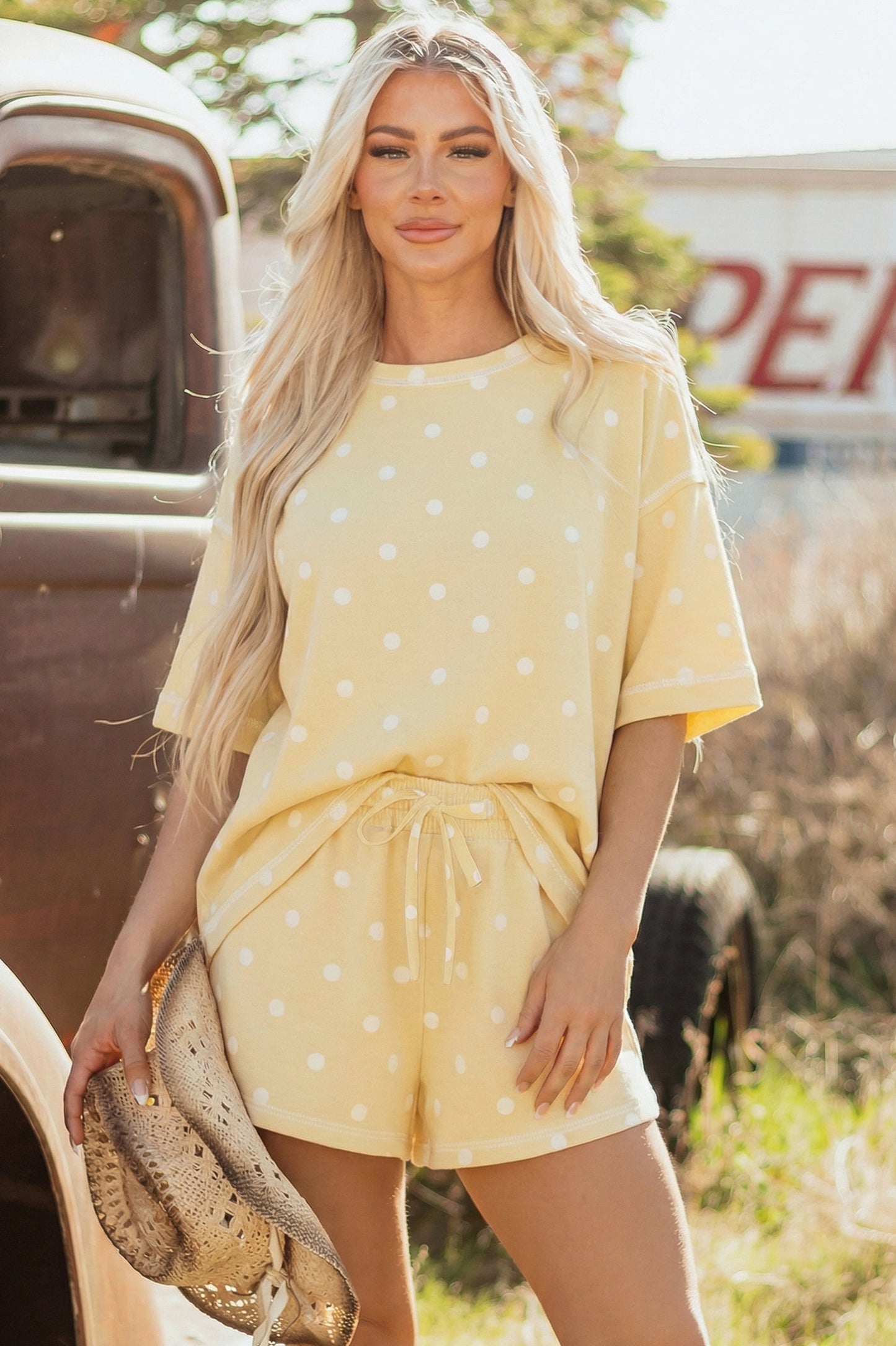 Pink Exposed Seam Detail Polka Dot Loose Tee Drawstring Shorts Set
