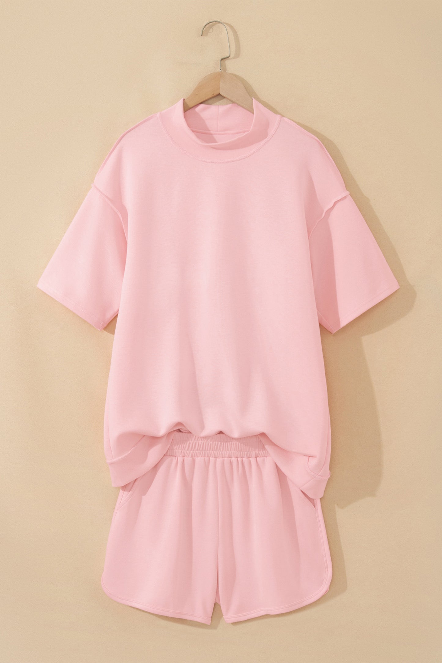 Yellow Cream Solid Color Exposed Seam Mock Neck Oversize Tee Casual Shorts 2pcs Outfit